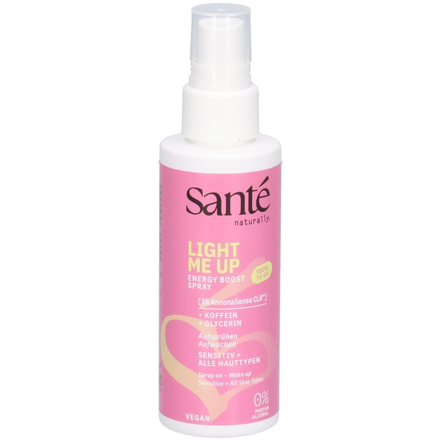 Weiße Sprühflasche mit rosa Etikett. Text: Sante, Light Me Up Energy Boost Spray, Vegan. Für alle Hauttypen.