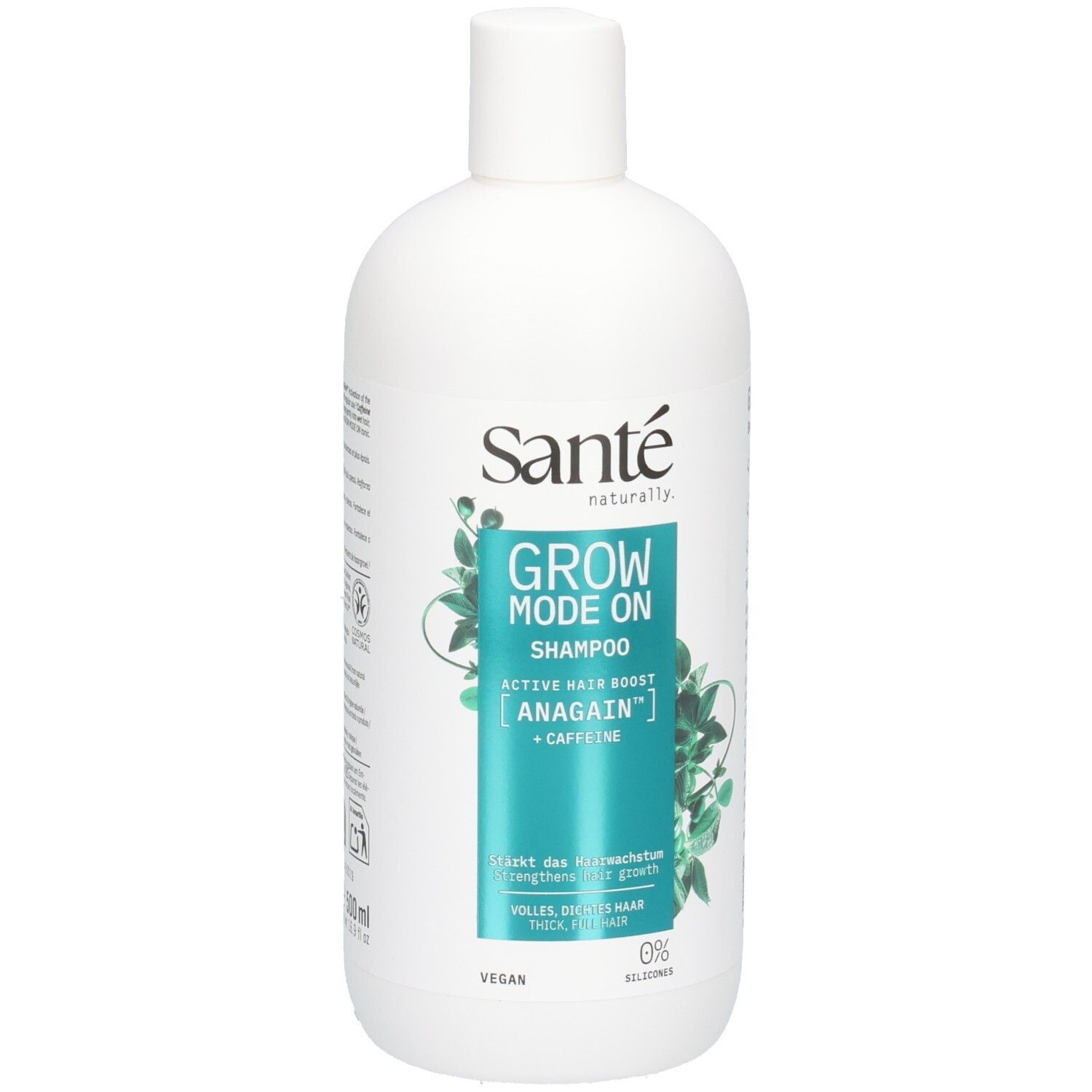 Weiße Shampoo-Flasche mit grünem Etikett. Aufschrift: Sante, Grow Mode On Shampoo, Anagain + Koffein. Vegan.