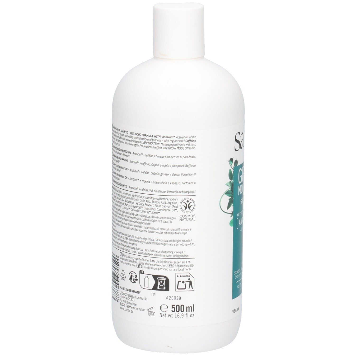 Rückseite der weißen Shampoo-Flasche. Text in mehreren Sprachen. Inhaltsstoffe, Herstellerinformationen, Recycling-Symbole.