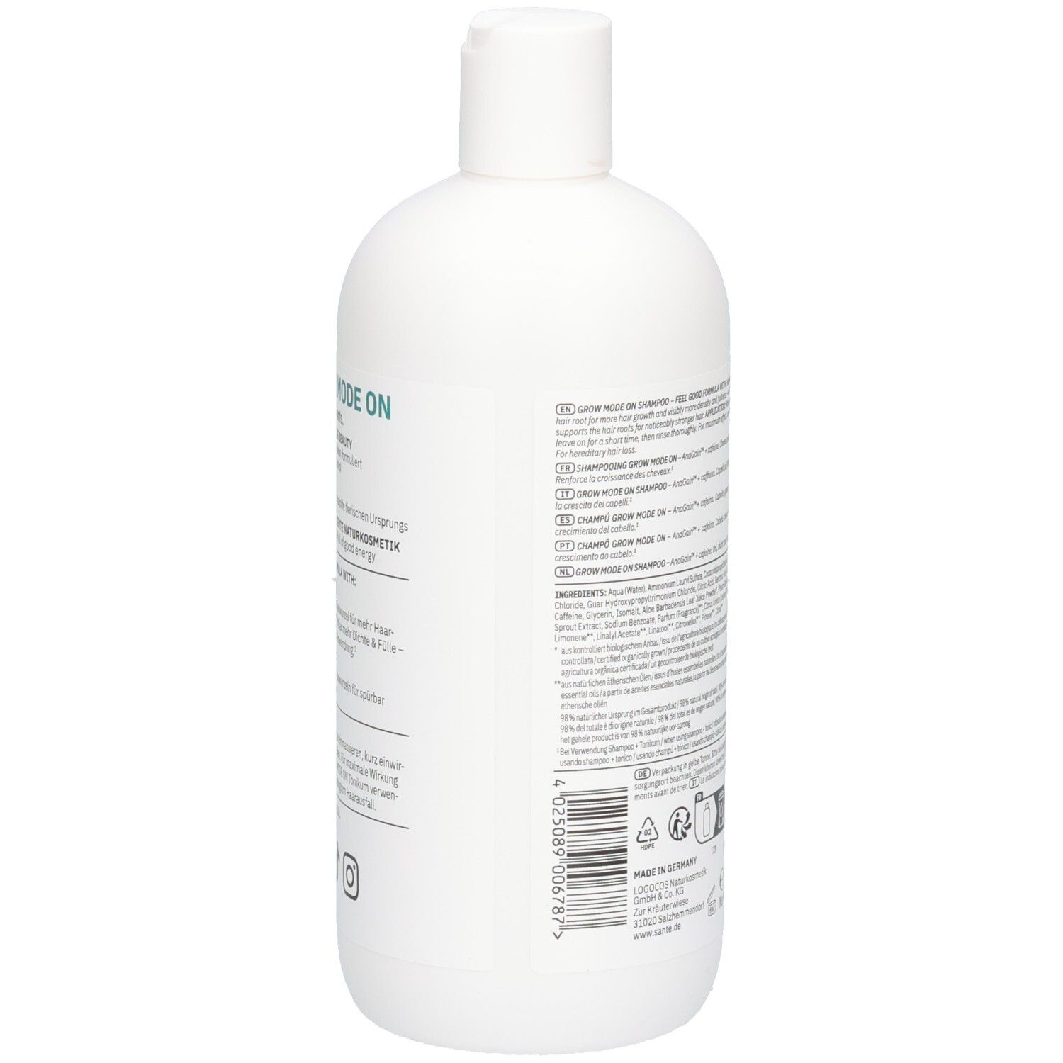 Rückseite der weißen Shampoo-Flasche. Text in mehreren Sprachen. Inhaltsstoffe, Herstellerinformationen, Recycling-Symbole.
