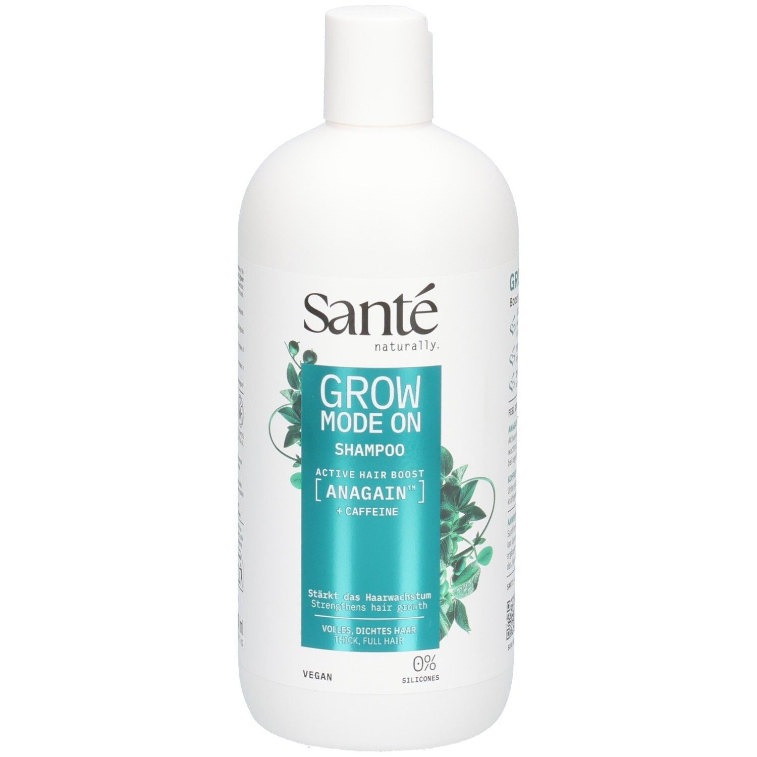 Weiße Shampoo-Flasche mit grünem Etikett. Aufschrift: Sante, Grow Mode On Shampoo, Anagain + Koffein. Vegan.