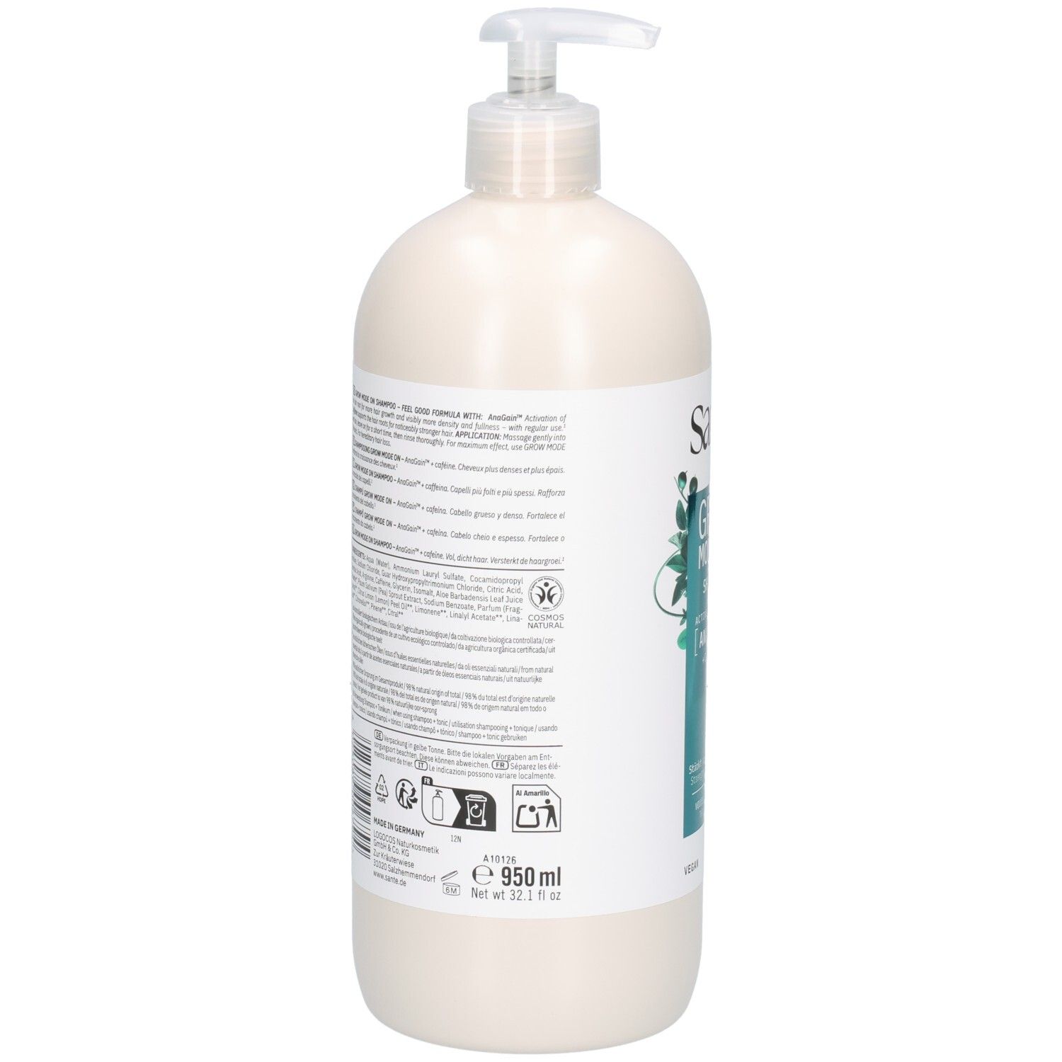 Rückseite der Shampoo-Flasche. Text in mehreren Sprachen. Vegan-Siegel und Volumenangabe: 950 ml.