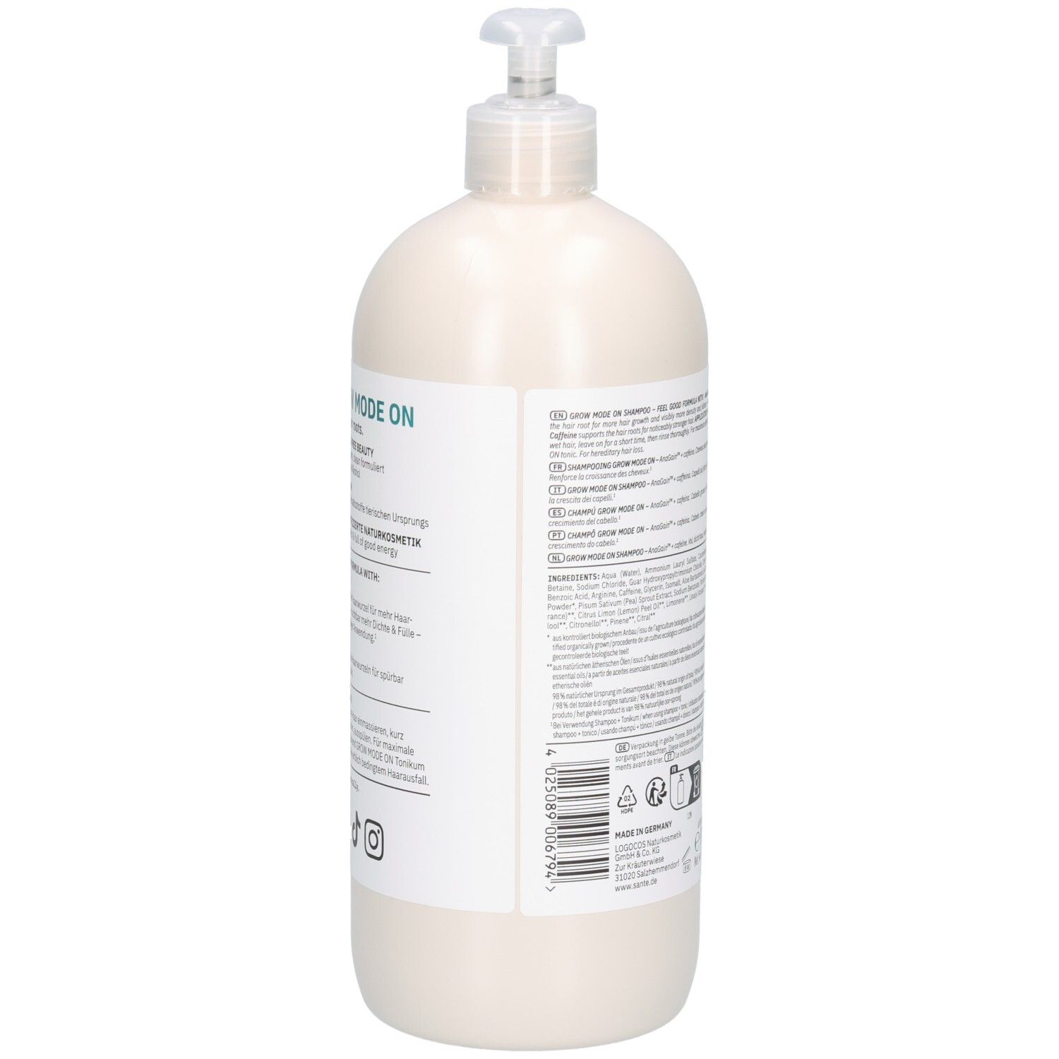Rückseite der Shampoo-Flasche. Text in mehreren Sprachen. QR-Code und Volumenangabe: 950 ml.