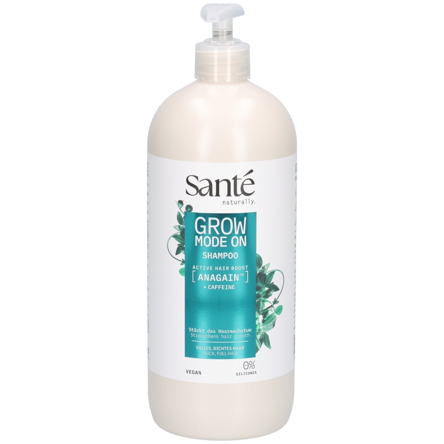 Beige Shampoo-Flasche mit Pumpe. Aufschrift: Sante, Grow Mode On Shampoo, Anagain + Koffein. Vegan.