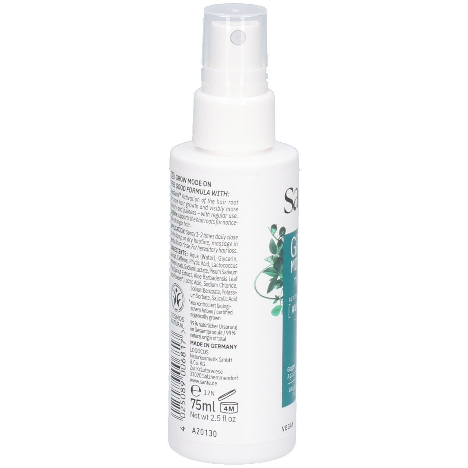 Rückseite der Santé Grow Mode On Tonikum Flasche mit Inhaltsstoffen und Anwendungshinweisen. 75ml.
