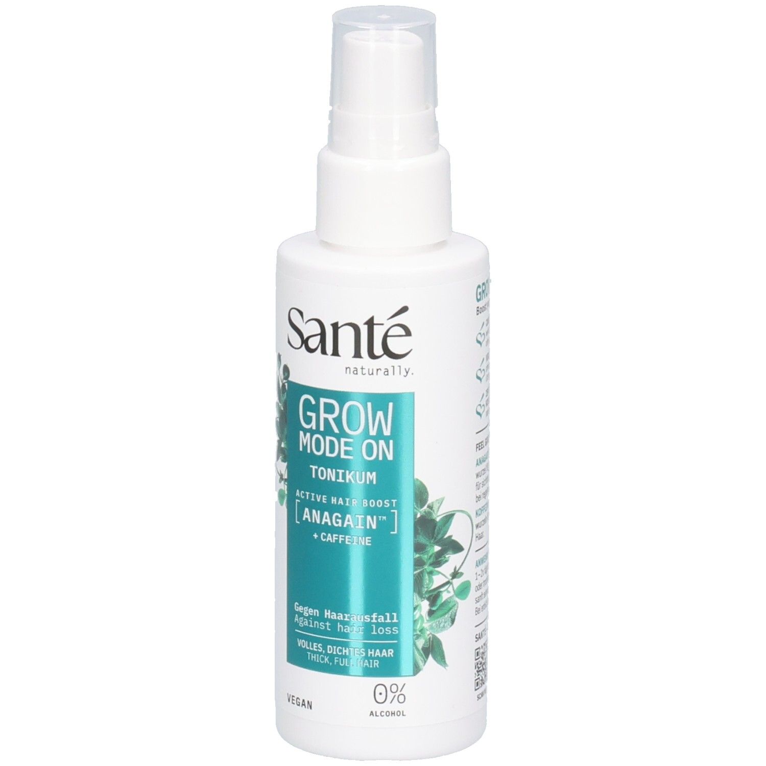 Weiße Sprühflasche Santé Grow Mode On Tonikum mit grünen Blättern. Gegen Haarausfall.
