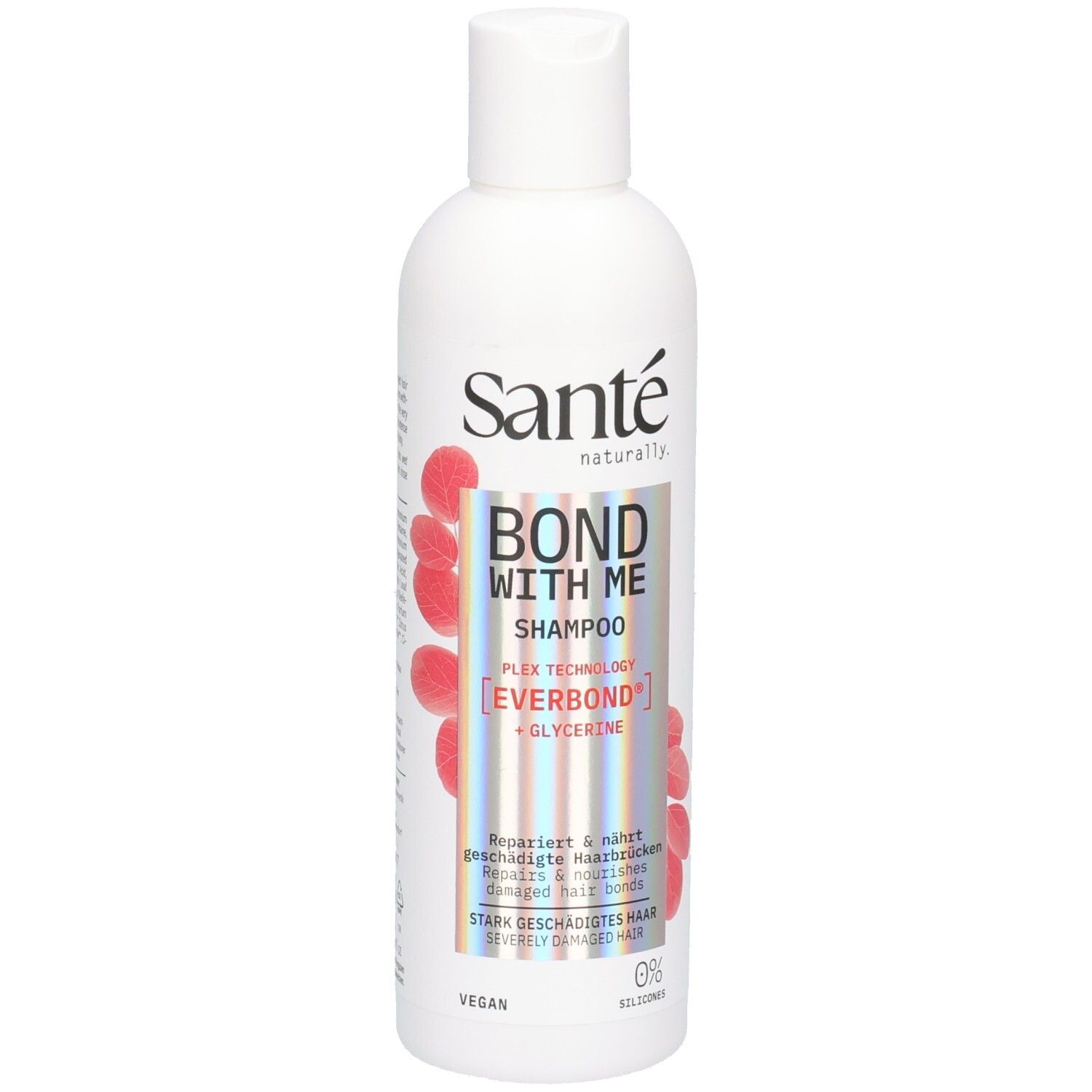 Weiße Shampoo-Flasche mit rotem Design. Schriftzug: Bond With Me Shampoo. Marke: Santé. Enthält Everbond und Glycerin. Vegan.