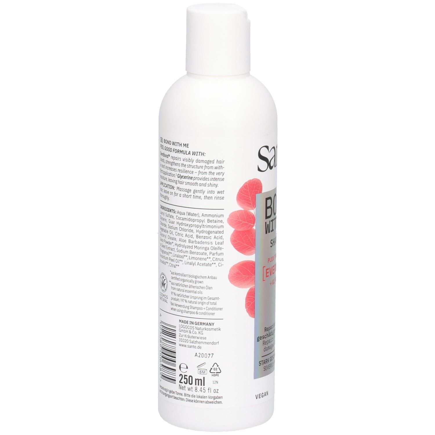 Weiße Shampoo-Flasche, Rückseite. Text: Inhaltsstoffe, Anwendung, 250 ml. Marke: Santé. Mit Vegan-Siegel und Hergestellt in Deutschland.