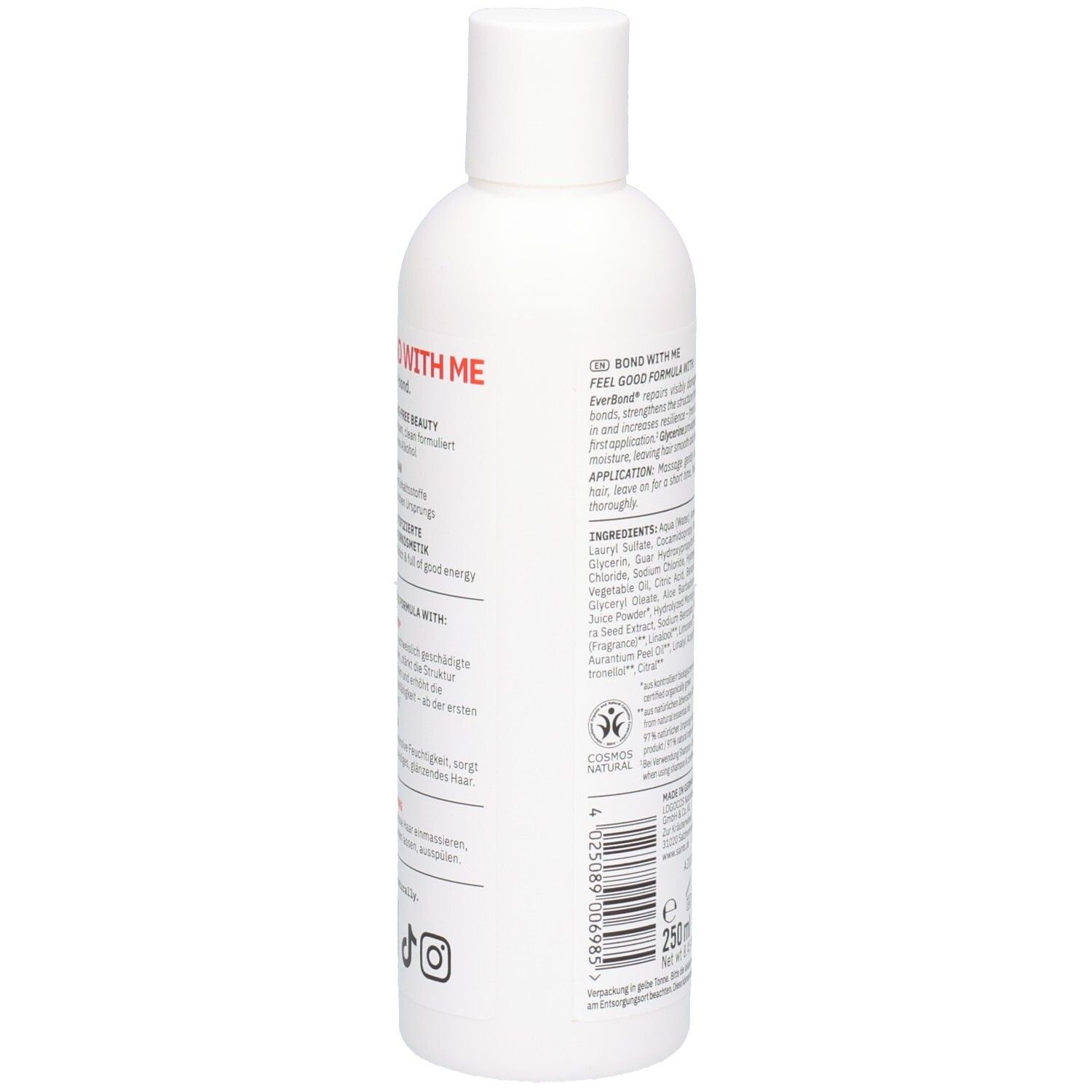 Weiße Shampoo-Flasche, Rückseite. Text: Inhaltsstoffe, Anwendung, 250 ml. Marke: Santé. Mit Vegan-Siegel und Hergestellt in Deutschland.