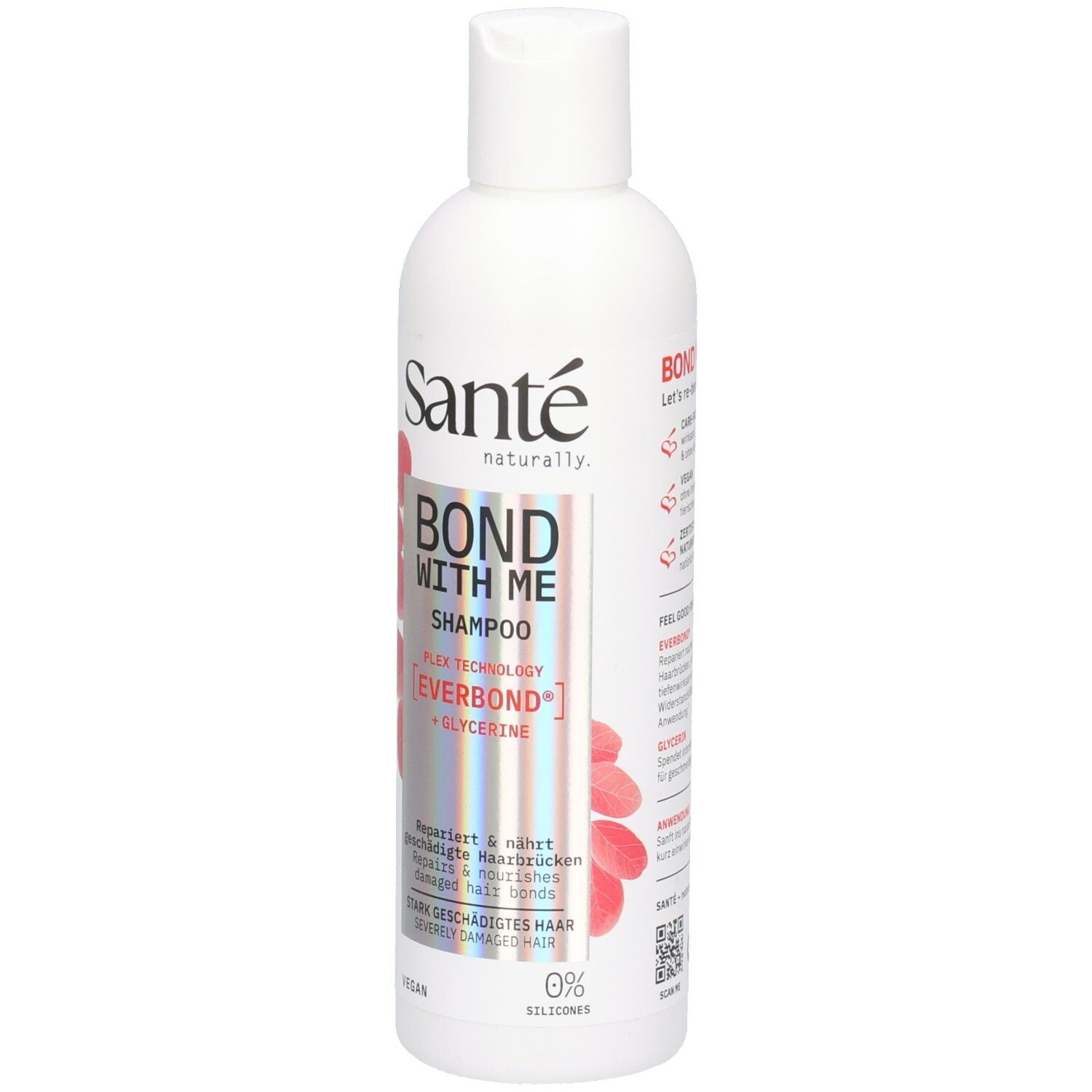 Weiße Shampoo-Flasche mit rotem Design. Schriftzug: Bond With Me Shampoo. Marke: Santé. Enthält Everbond und Glycerin. Vegan.