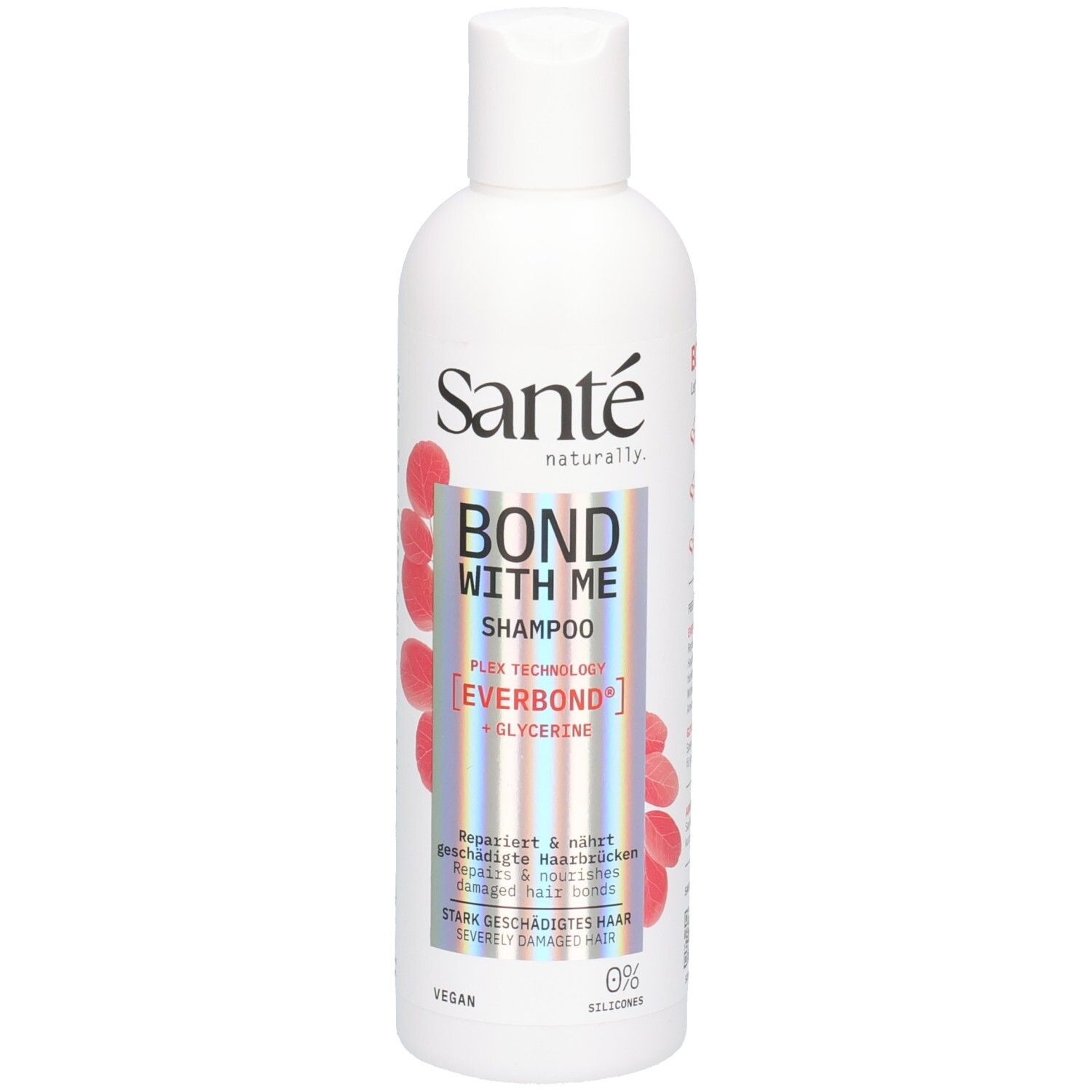 Weiße Shampoo-Flasche mit rotem Design. Schriftzug: Bond With Me Shampoo. Marke: Santé. Enthält Everbond und Glycerin. Vegan.