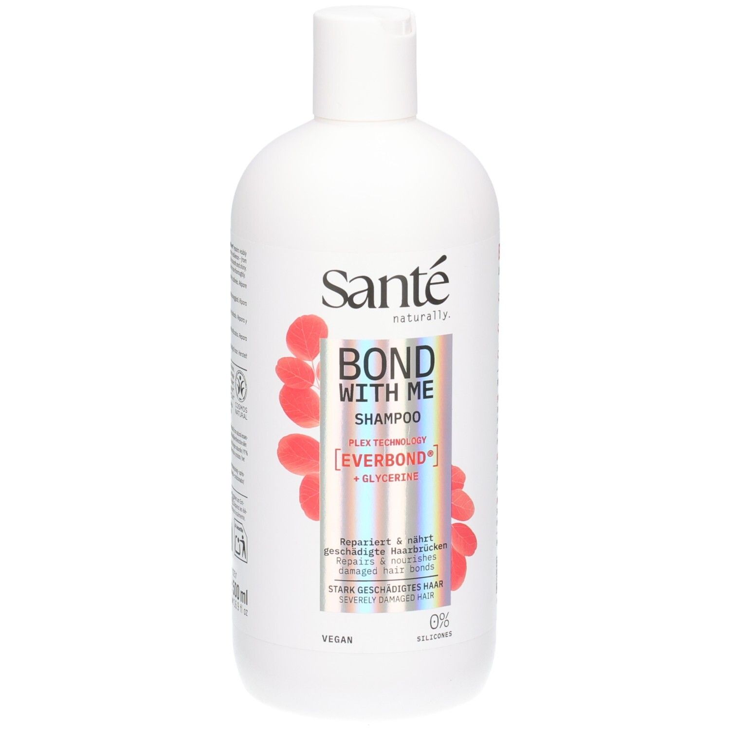 Weiße Shampoo-Flasche mit rotem Design. Aufschrift: BOND WITH ME SHAMPOO, Sante. Vegan, 0% Silikone.