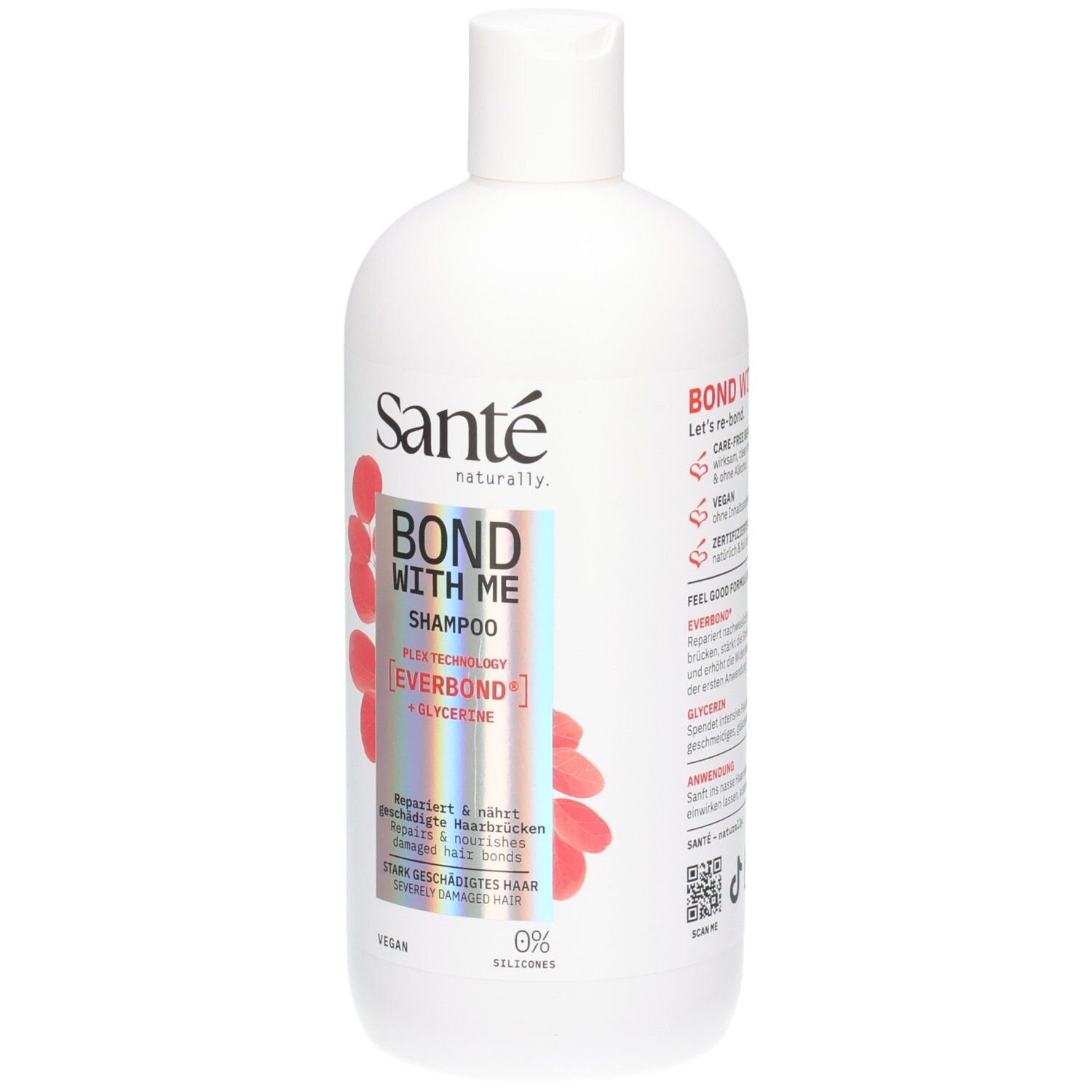 Weiße Shampoo-Flasche mit rotem Design. Aufschrift: BOND WITH ME SHAMPOO, Sante. Vegan, 0% Silikone.