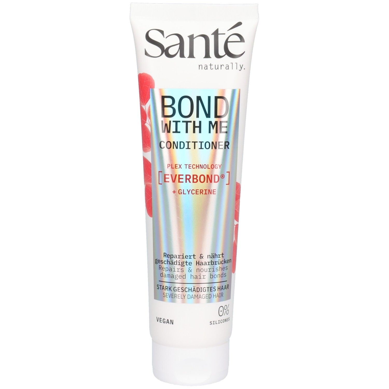 Weiße Tube mit roter und blauer Grafik. Schriftzug: Bond With Me Conditioner. Marke: Santé. Vegan.