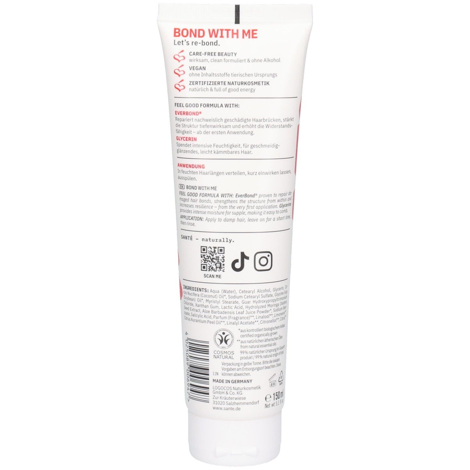 Rückseite einer weißen Tube. Text: Bond With Me. Inhaltsstoffe, QR-Code, Vegan-Siegel. Volumen: 150 ml.