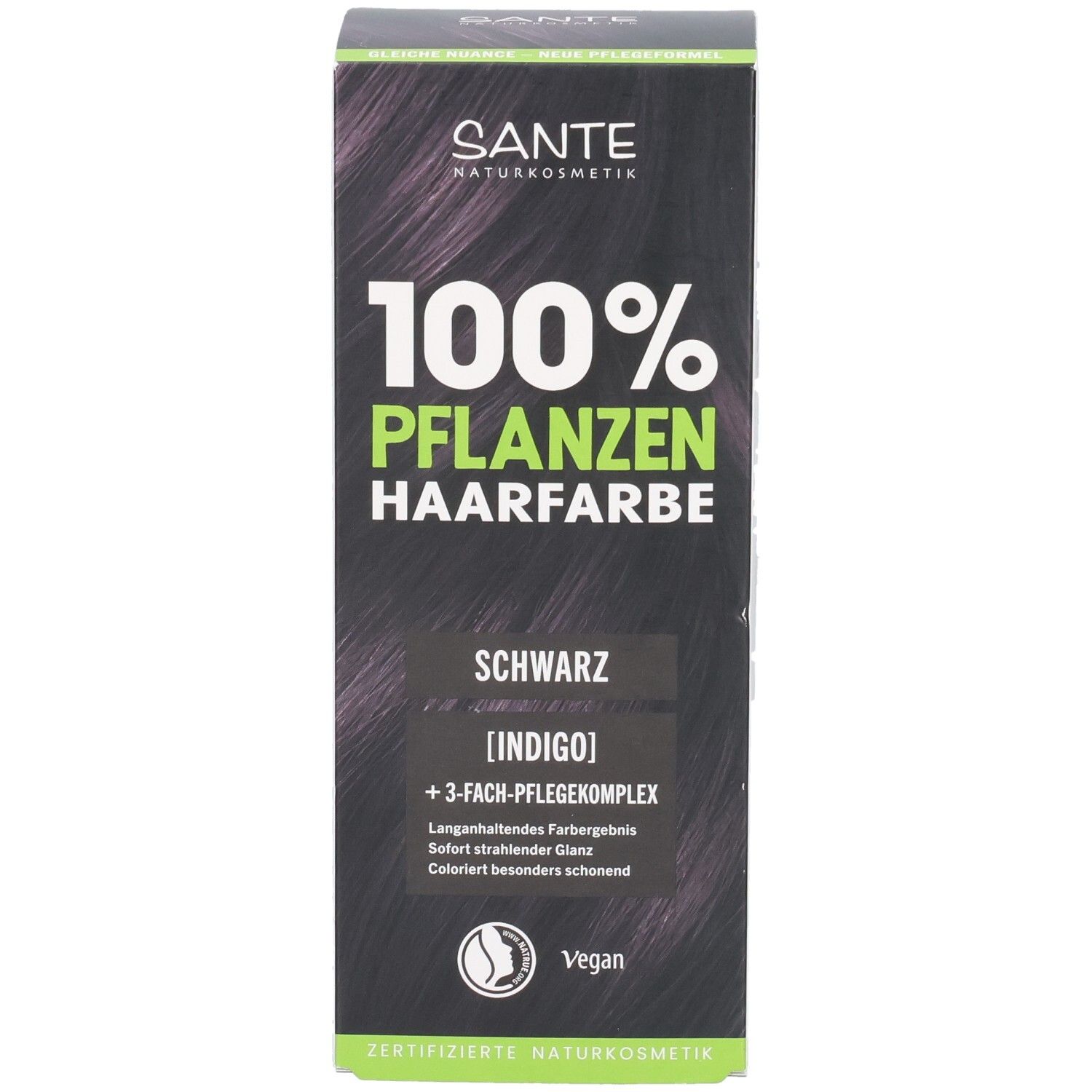 Vorderseite der SANTE Pflanzenhaarfarbe Schwarz (Indigo) Packung mit Produktabbildung.