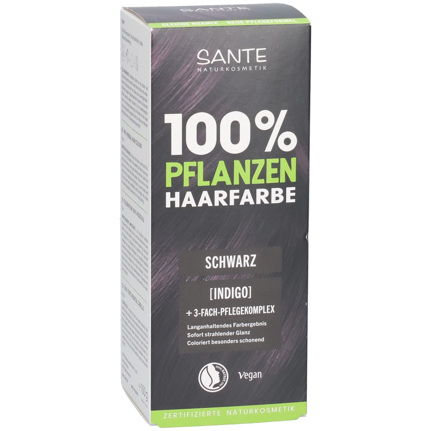 Packung SANTE Pflanzenhaarfarbe Schwarz (Indigo) mit 3-fach Pflegekomplex. Vegan.