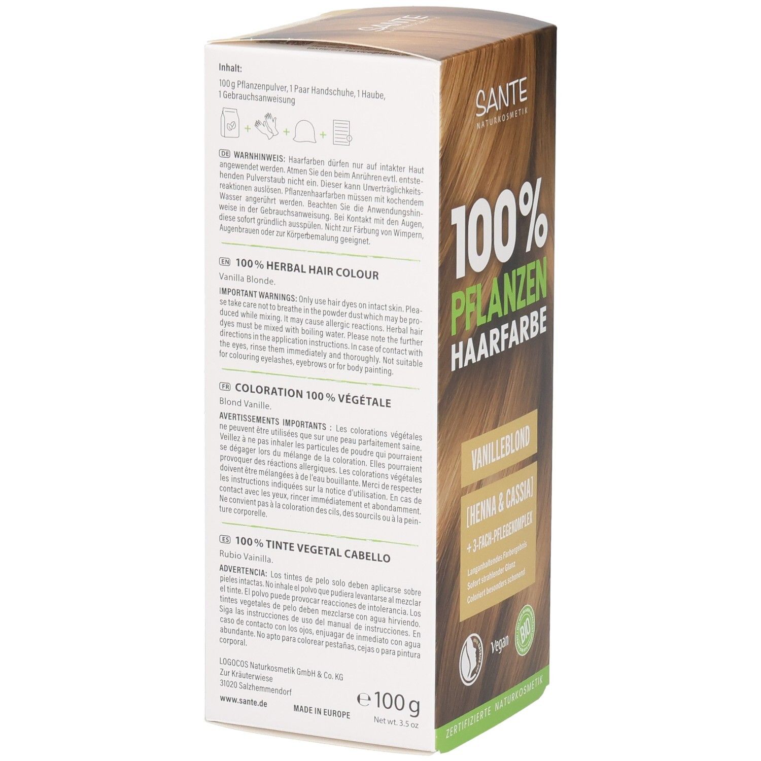 Rückseite Verpackung SANTE Pflanzenhaarfarbe Vanilleblond 01, Inhaltsangabe 100g, Anwendungshinweise.