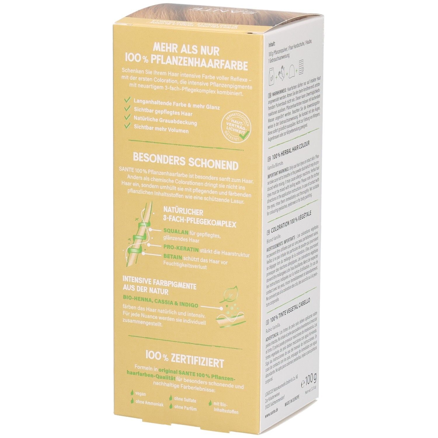 Seite Verpackung SANTE Pflanzenhaarfarbe Vanilleblond 01, besonders schonend, 3-fach Pflegekomplex.