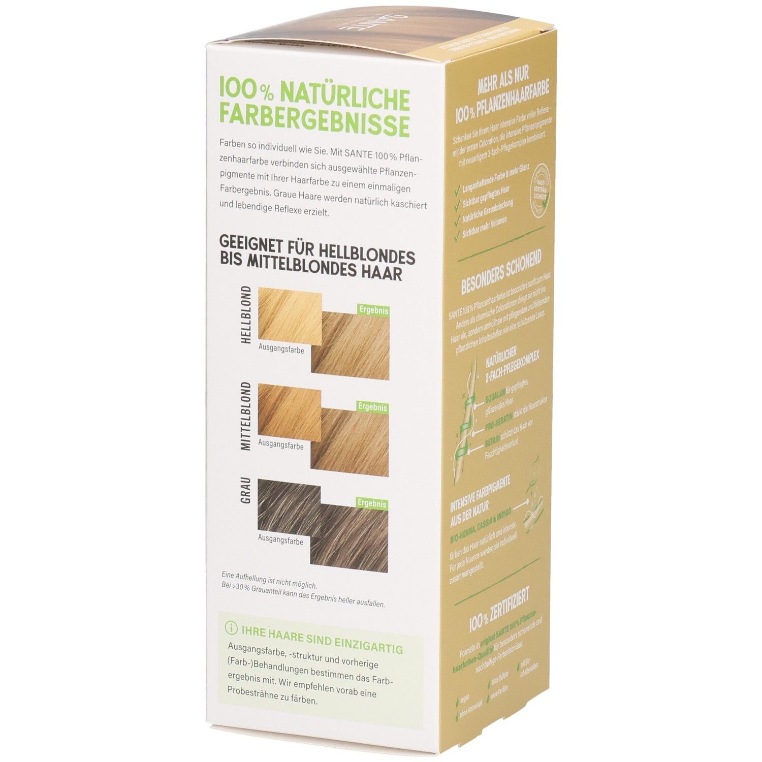 Seite Verpackung SANTE Pflanzenhaarfarbe Vanilleblond 01, Farbergebnisse für hellblondes bis mittelblondes Haar.