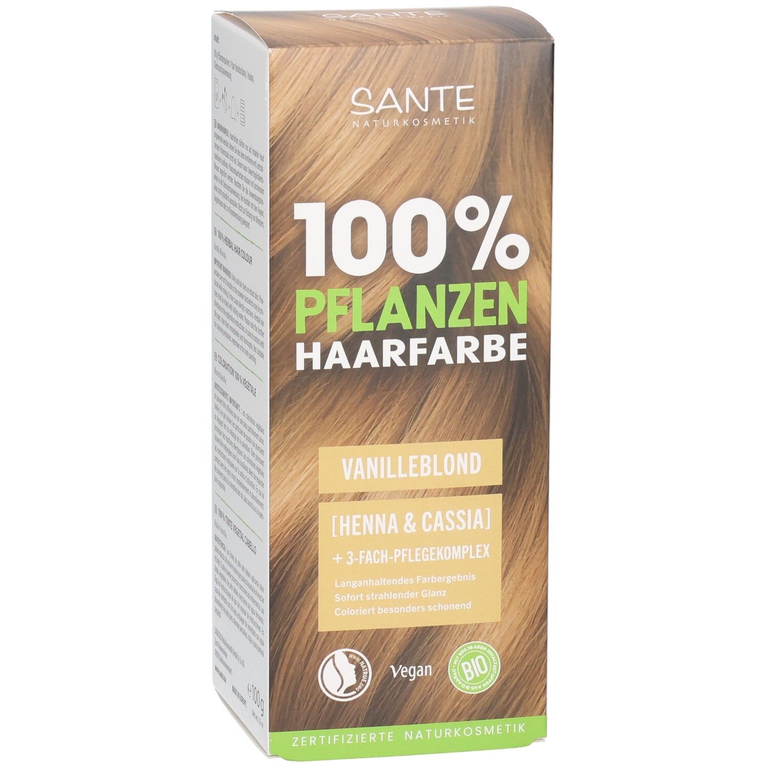 Verpackung SANTE Pflanzenhaarfarbe Vanilleblond 01, vegan, bio, zertifizierte Naturkosmetik.