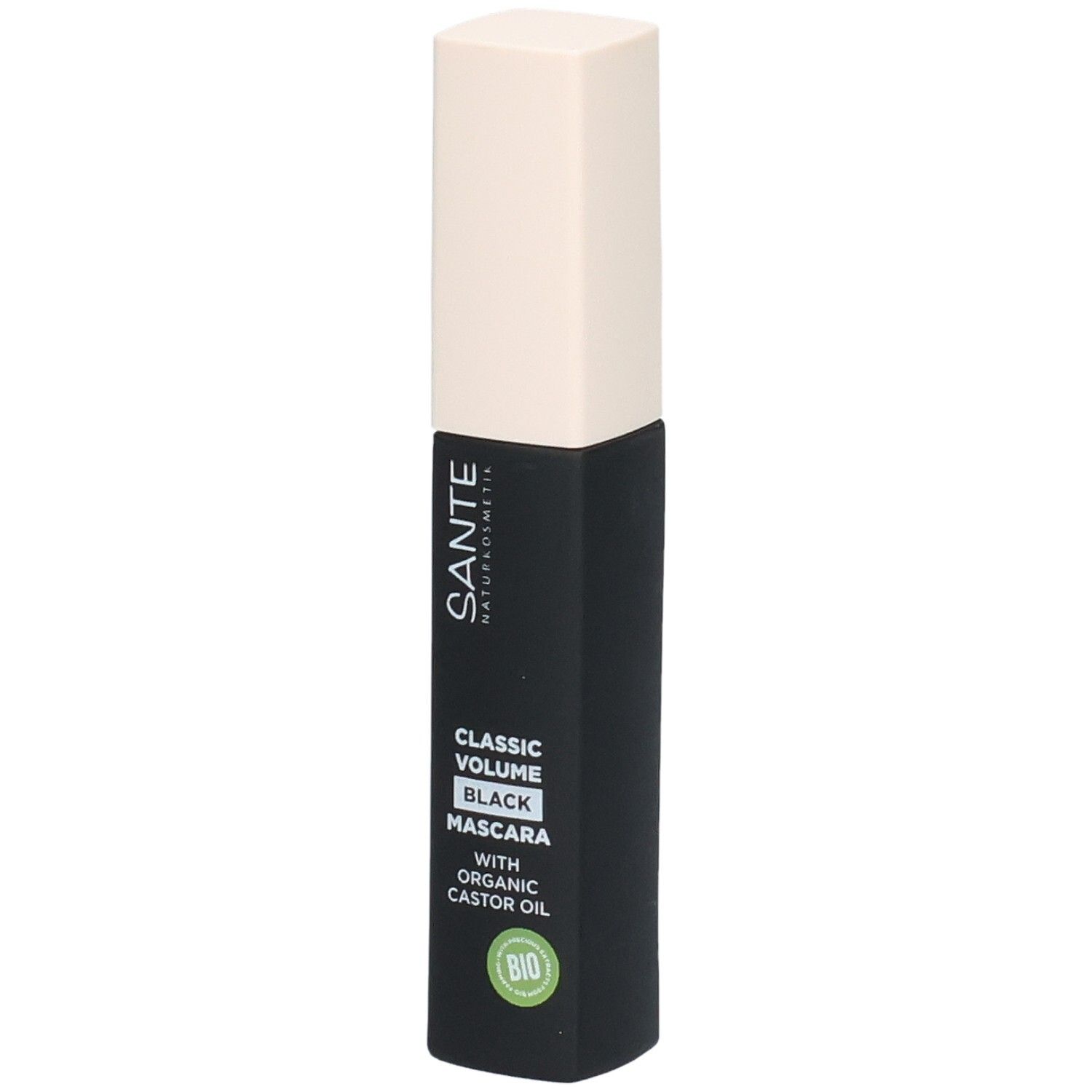 Schwarze Mascara-Tube mit beigem Deckel. Aufschrift: SANTE, Classic Volume Black Mascara, Bio-Siegel.