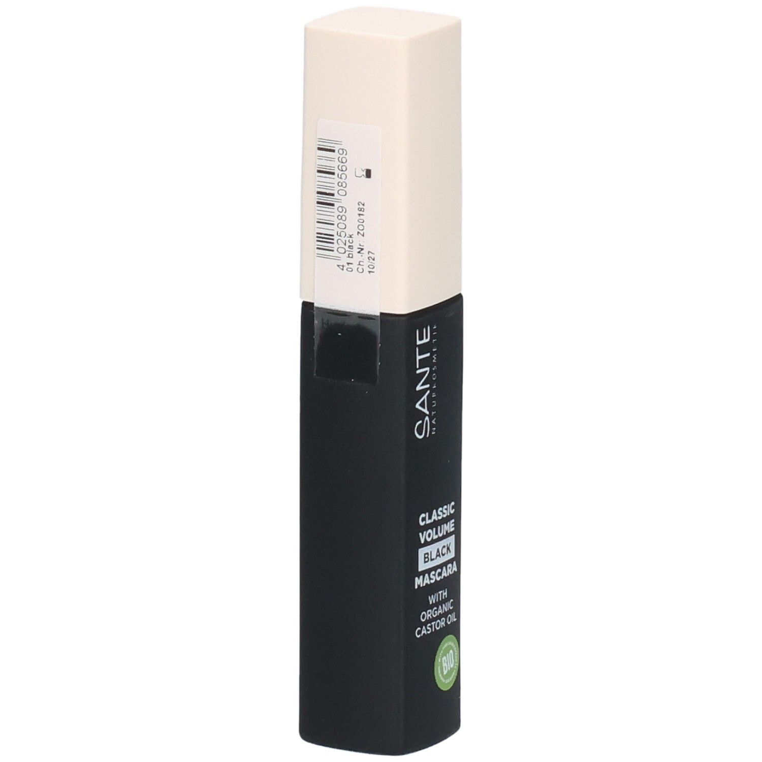 Schwarze Mascara-Tube mit beigem Deckel. Aufkleber mit Barcode und weiteren Informationen.
