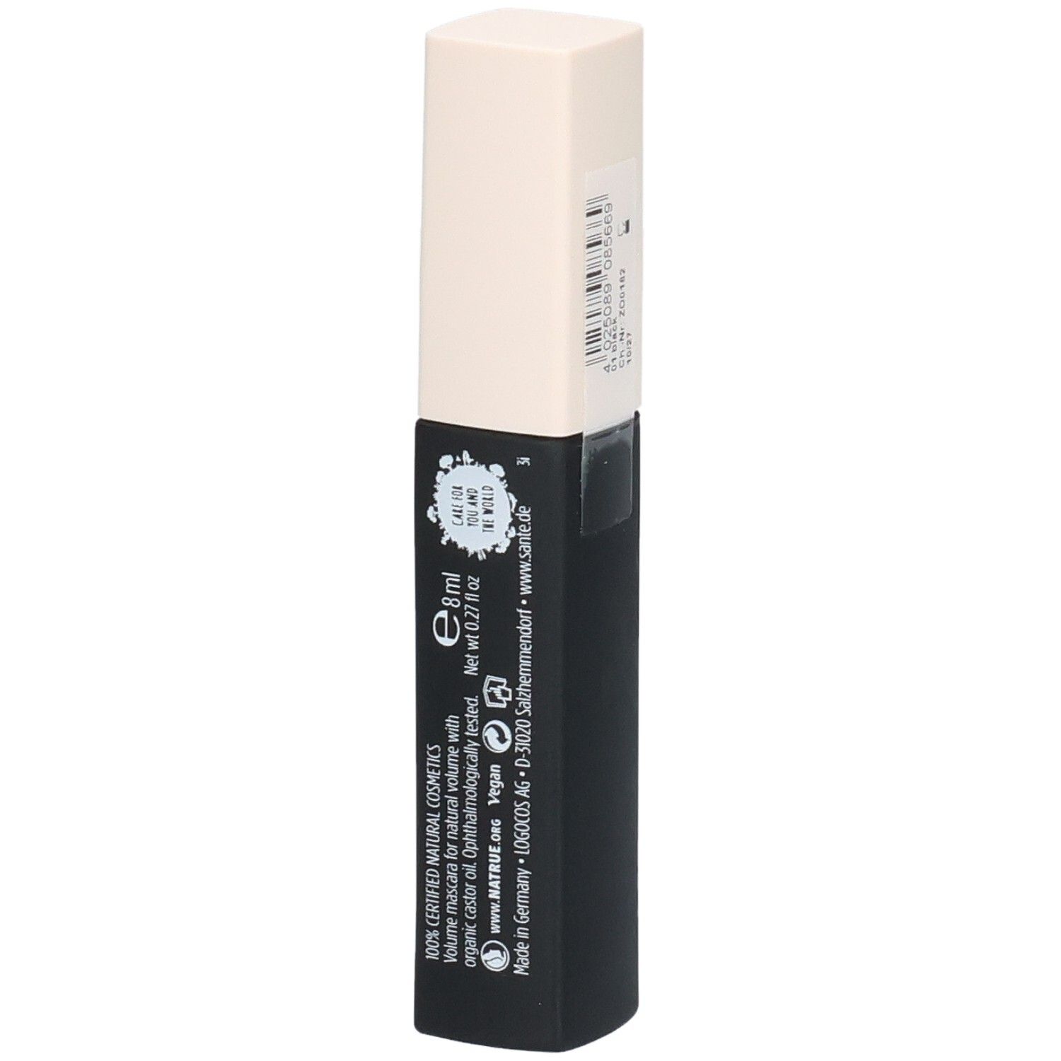Schwarze Mascara-Tube mit beigem Deckel. Aufschrift: SANTE, Classic Volume Black Mascara, 8ml, Vegan.