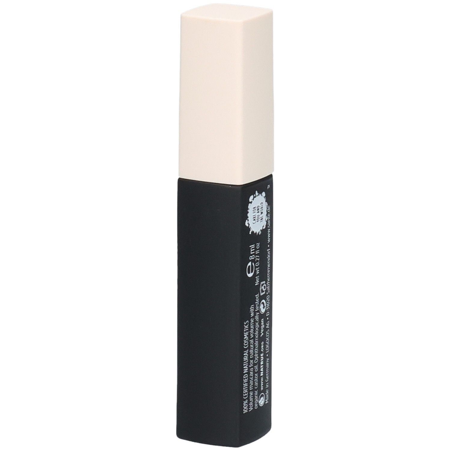 Schwarze Mascara-Tube mit beigem Deckel. Aufschrift: SANTE, Classic Volume Black Mascara, 8ml, Vegan.