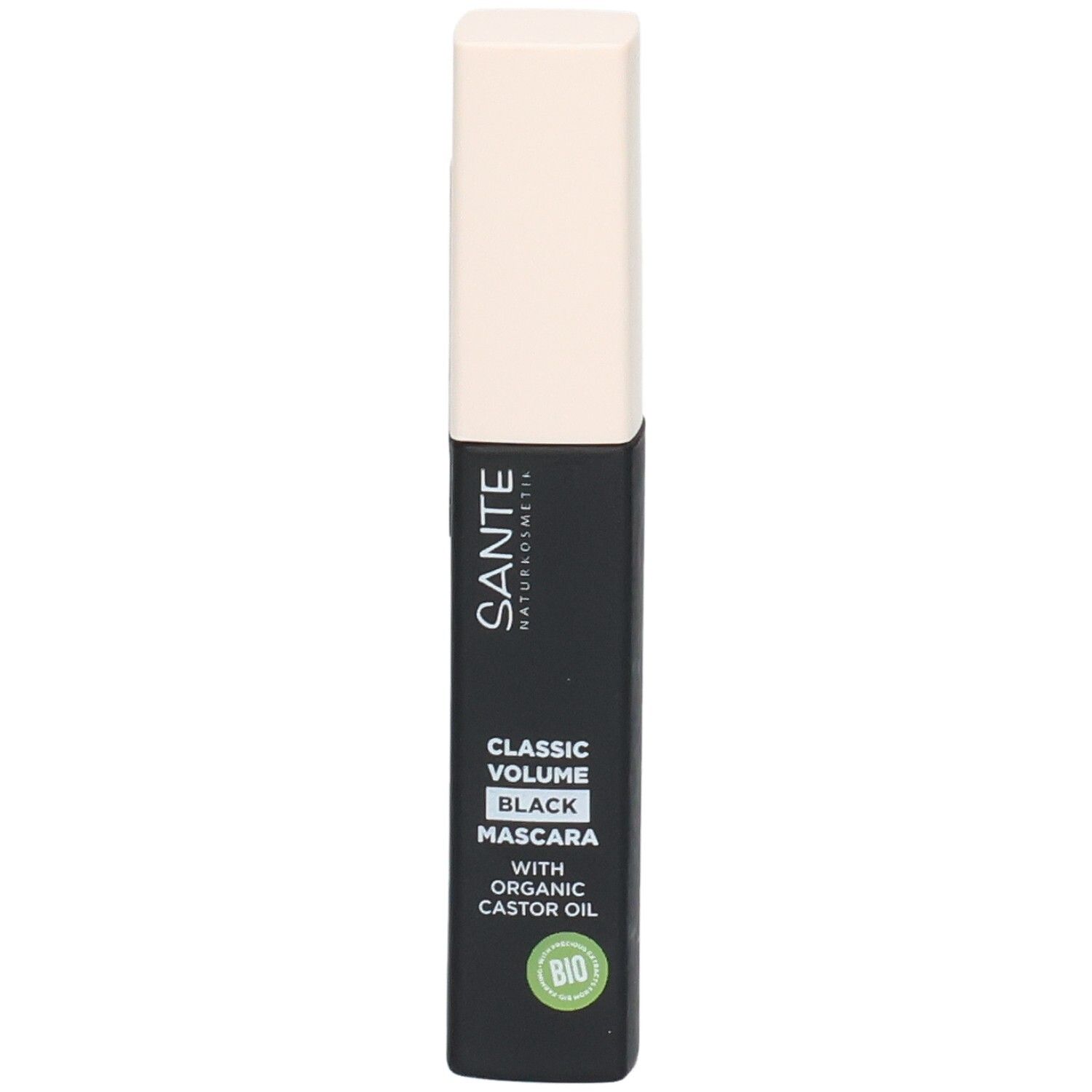 Schwarze Mascara-Tube mit beigem Deckel. Aufschrift: SANTE, Classic Volume Black Mascara, Bio-Siegel.