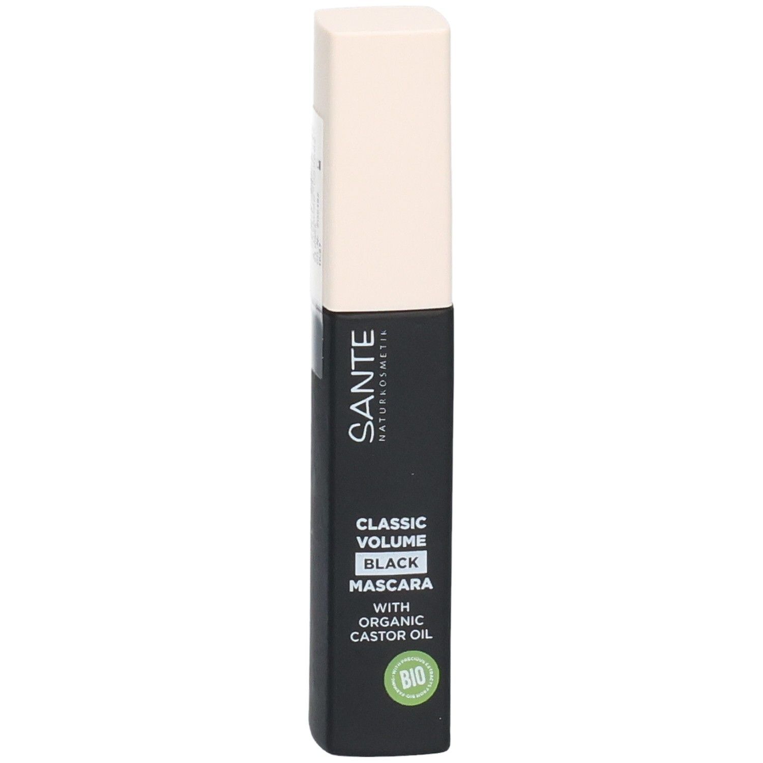 Schwarze Mascara-Tube mit beigem Deckel. Aufschrift: SANTE, Classic Volume Black Mascara, Bio-Siegel.