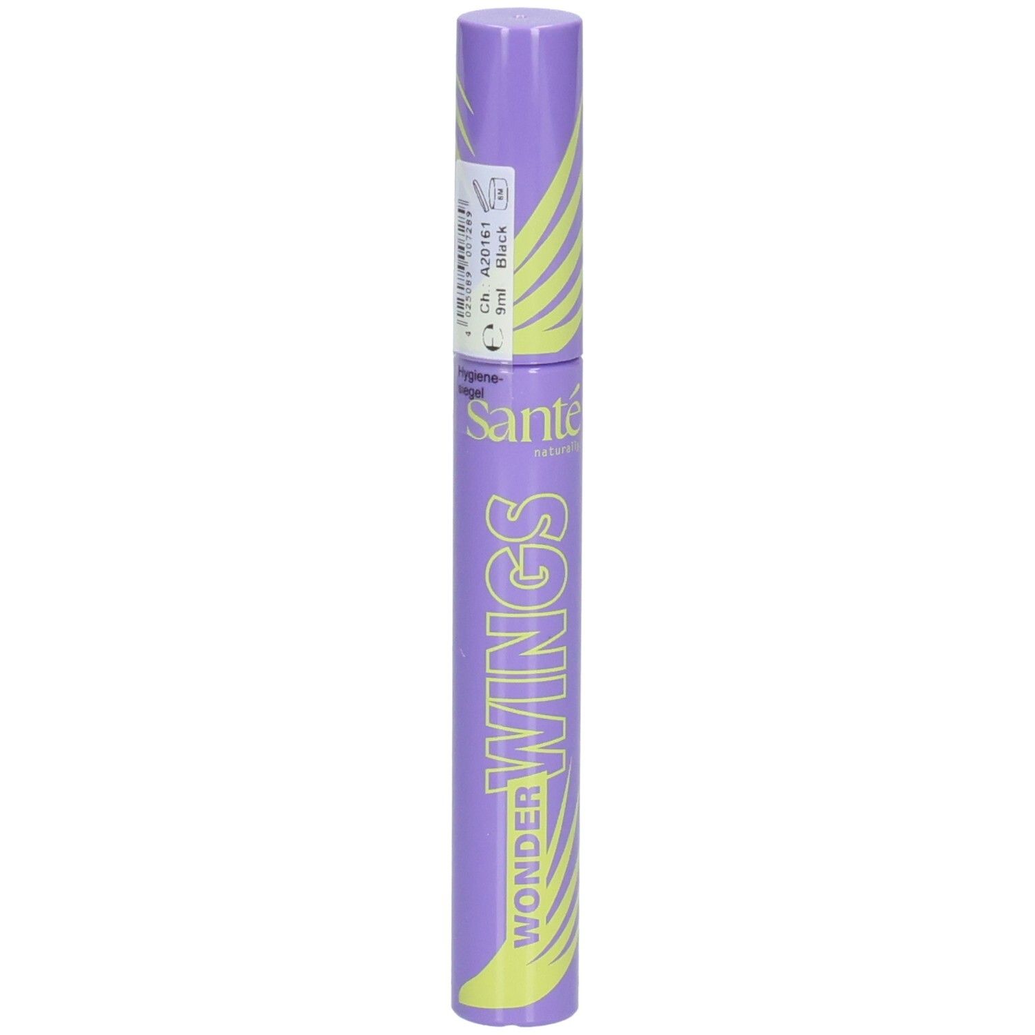 Lila Mascarabürste mit gelben Akzenten. Aufschrift: Wonder Wings, Santé. Schwarze Mascara. 9ml.