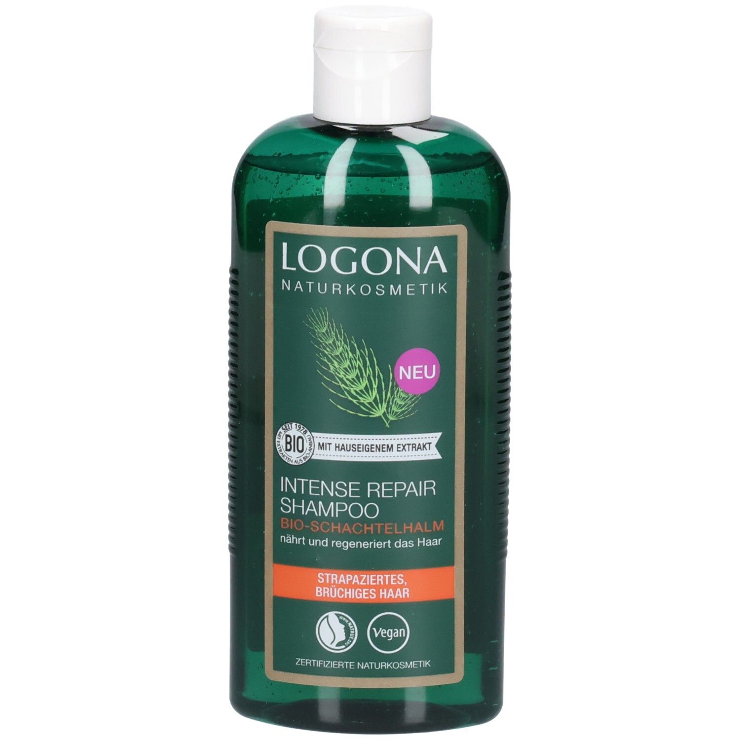 Grüne Shampoo-Flasche mit weißem Deckel. Etikett mit Logo, Produktname und „NEU“-Aufkleber. Vegan-Siegel.