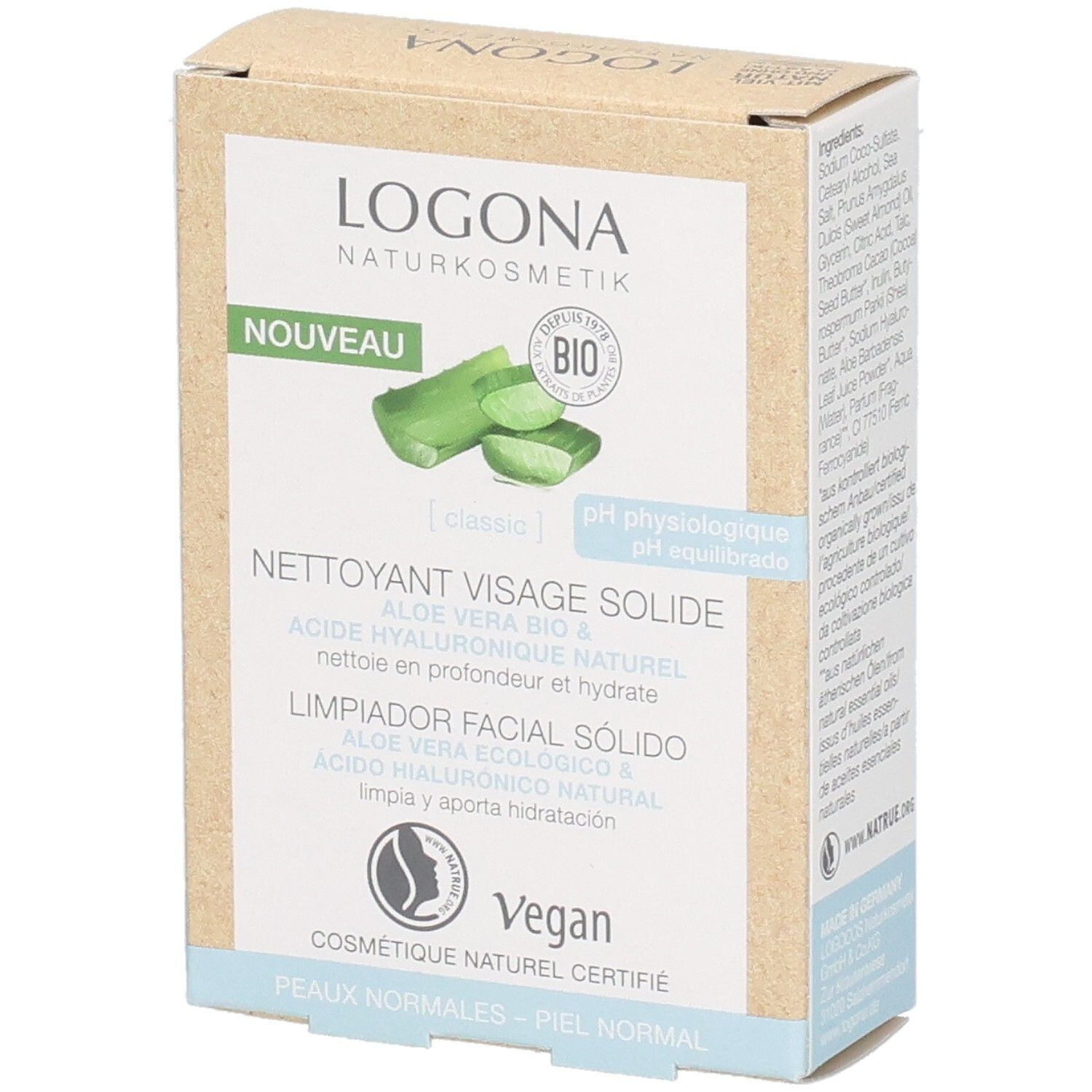 Kartonverpackung, Produktinformationen. Logo, Produktname, Aloe Vera-Abbildung, Bio-Siegel, Vegan-Logo. Für normale Haut.