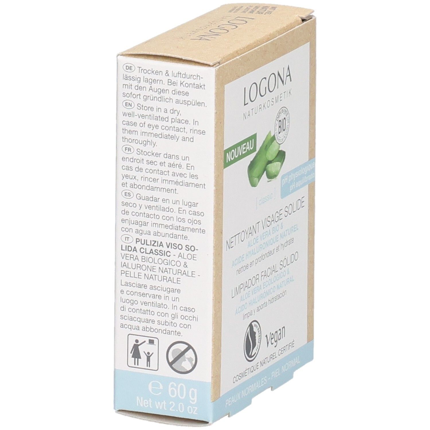 Kartonverpackung, Seitenansicht. Logo, Produktinformationen, Gebrauchshinweise, Gewicht. Vegan-Logo, Bio-Siegel.