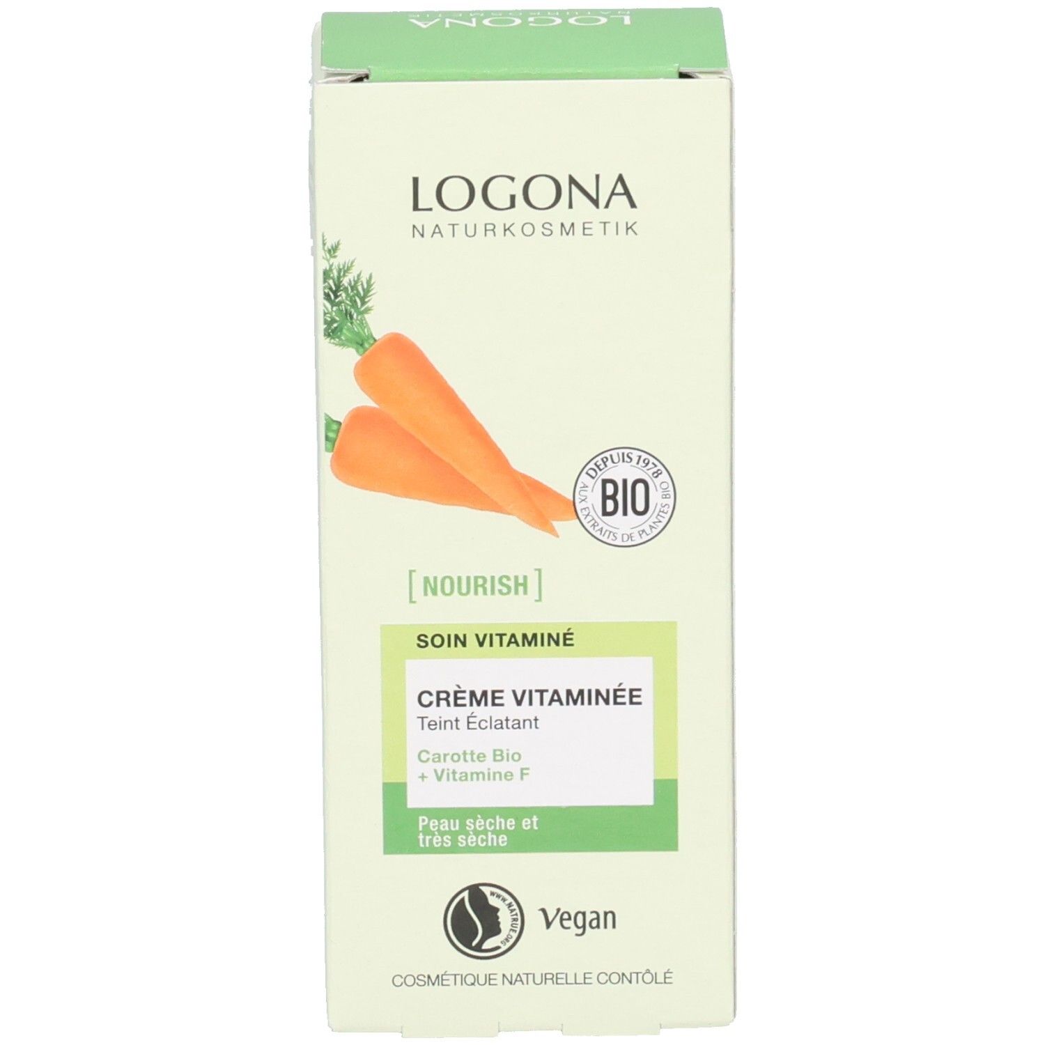 Verpackungsbox für LOGONA Vitamincreme, französische Beschriftung.