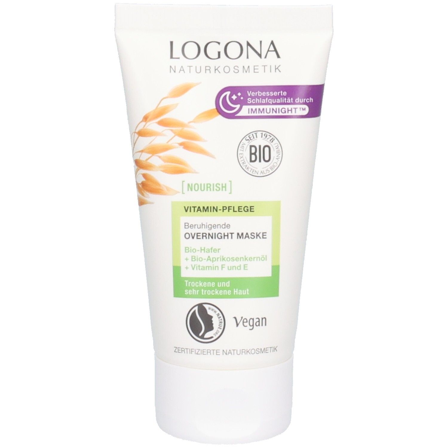 Nourish Beruhigende Overnight Maske mit Bio-Hafer, Bio-Aprikosenkernöl + Vitamin E und F u 50 ml