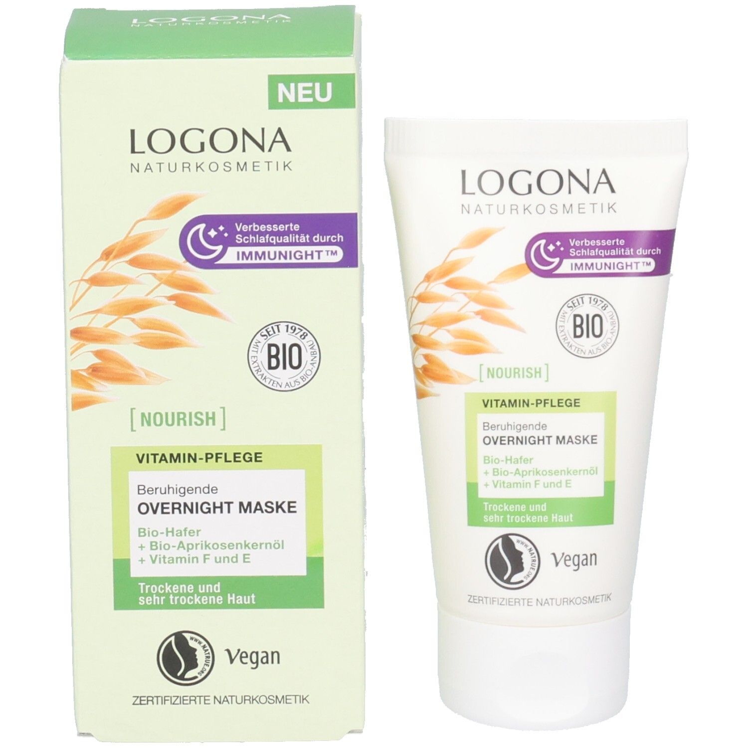 LOGONA Naturkosmetik Overnight Maske und Verpackung mit Bio-Siegel und Hafer-Motiv.