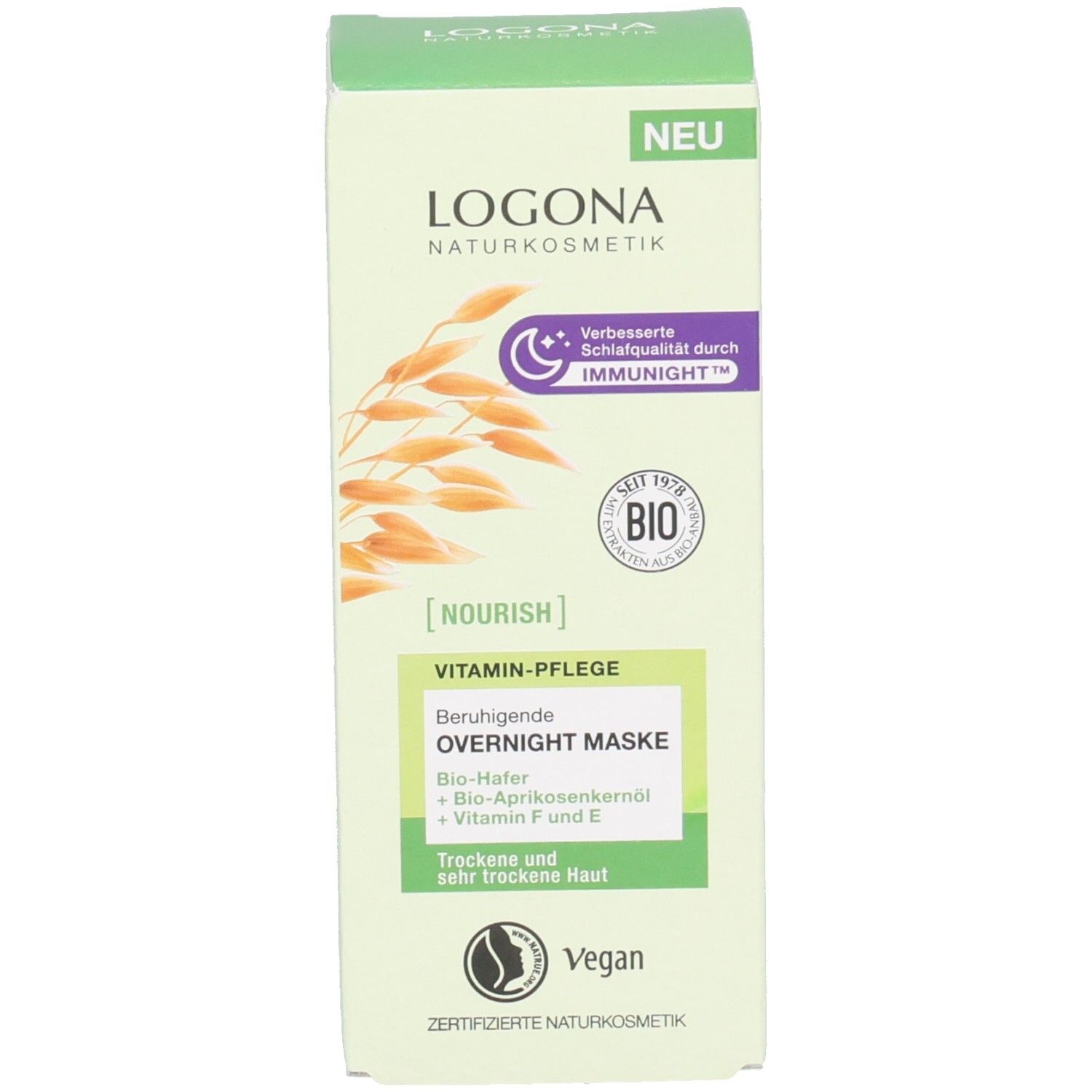 Verpackung der LOGONA Naturkosmetik Overnight Maske mit "Neu"-Hinweis und Bio-Siegel.