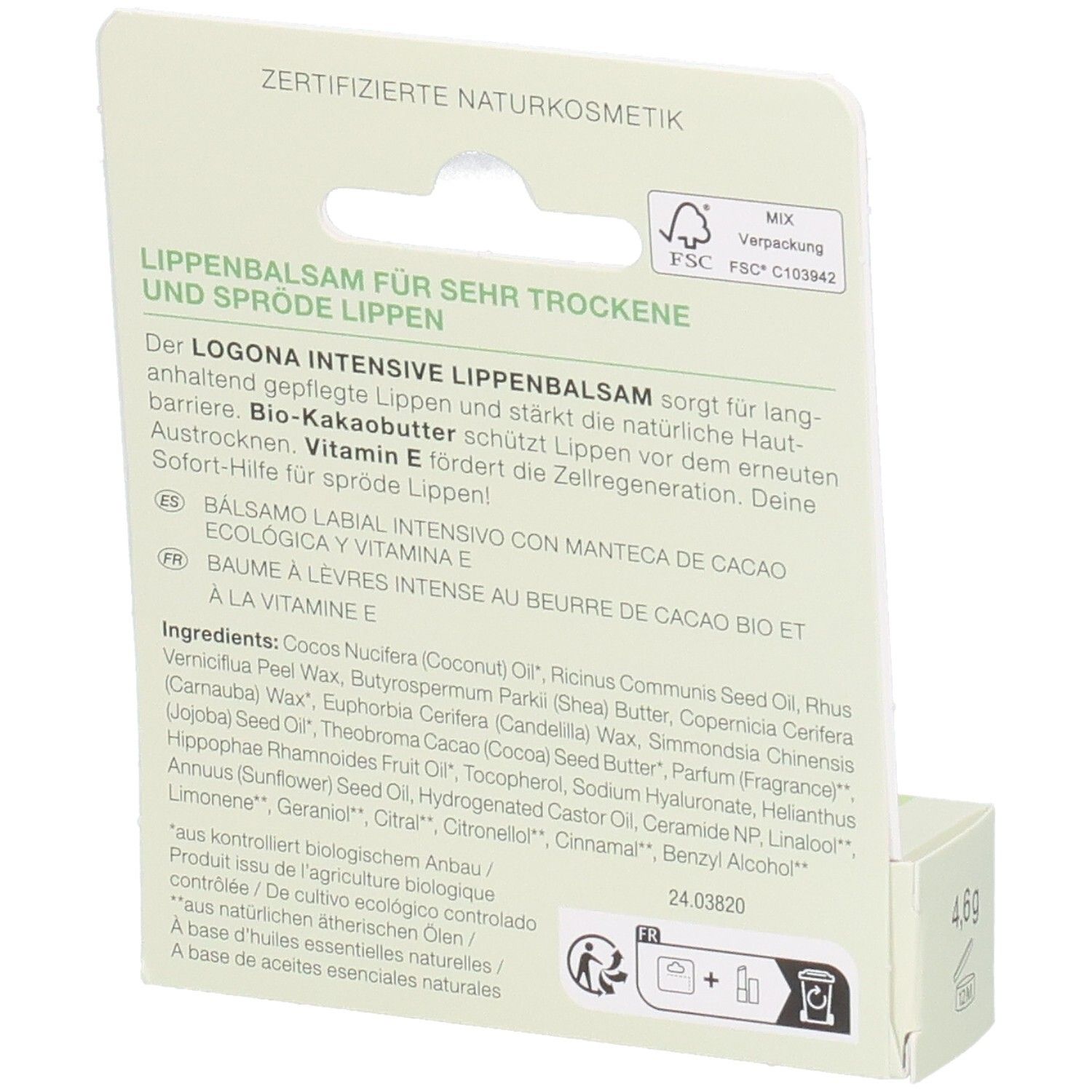 Rückseite der Verpackung mit LOGONA Intensiver Lippenbalsam, Inhaltsstoffen und Siegeln.