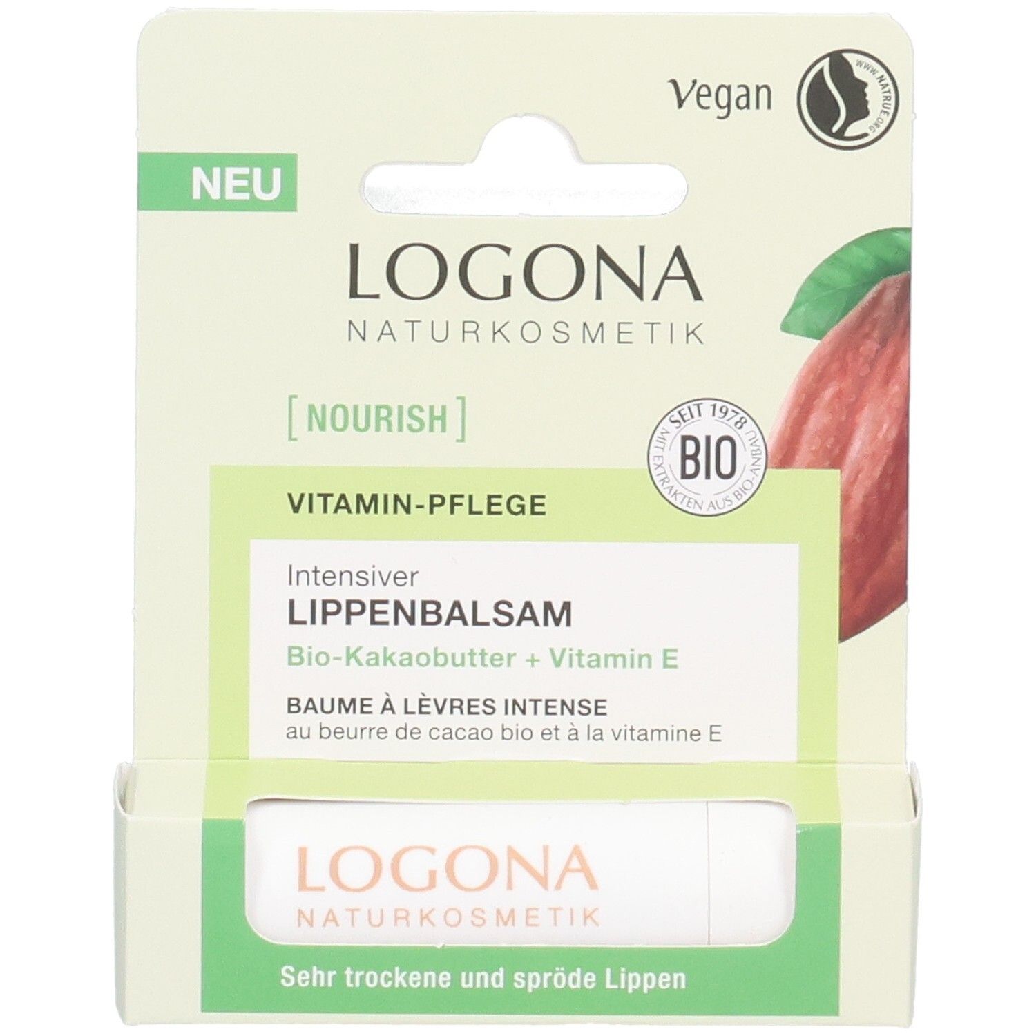 Verpackung mit LOGONA Intensiver Lippenbalsam, Bio-Kakaobutter + Vitamin E, vegan.