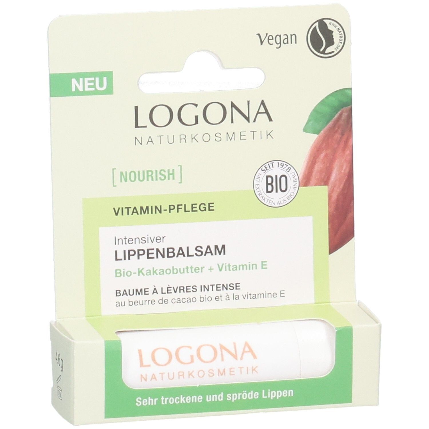 Verpackung mit LOGONA Intensiver Lippenbalsam, Bio-Kakaobutter + Vitamin E, vegan.