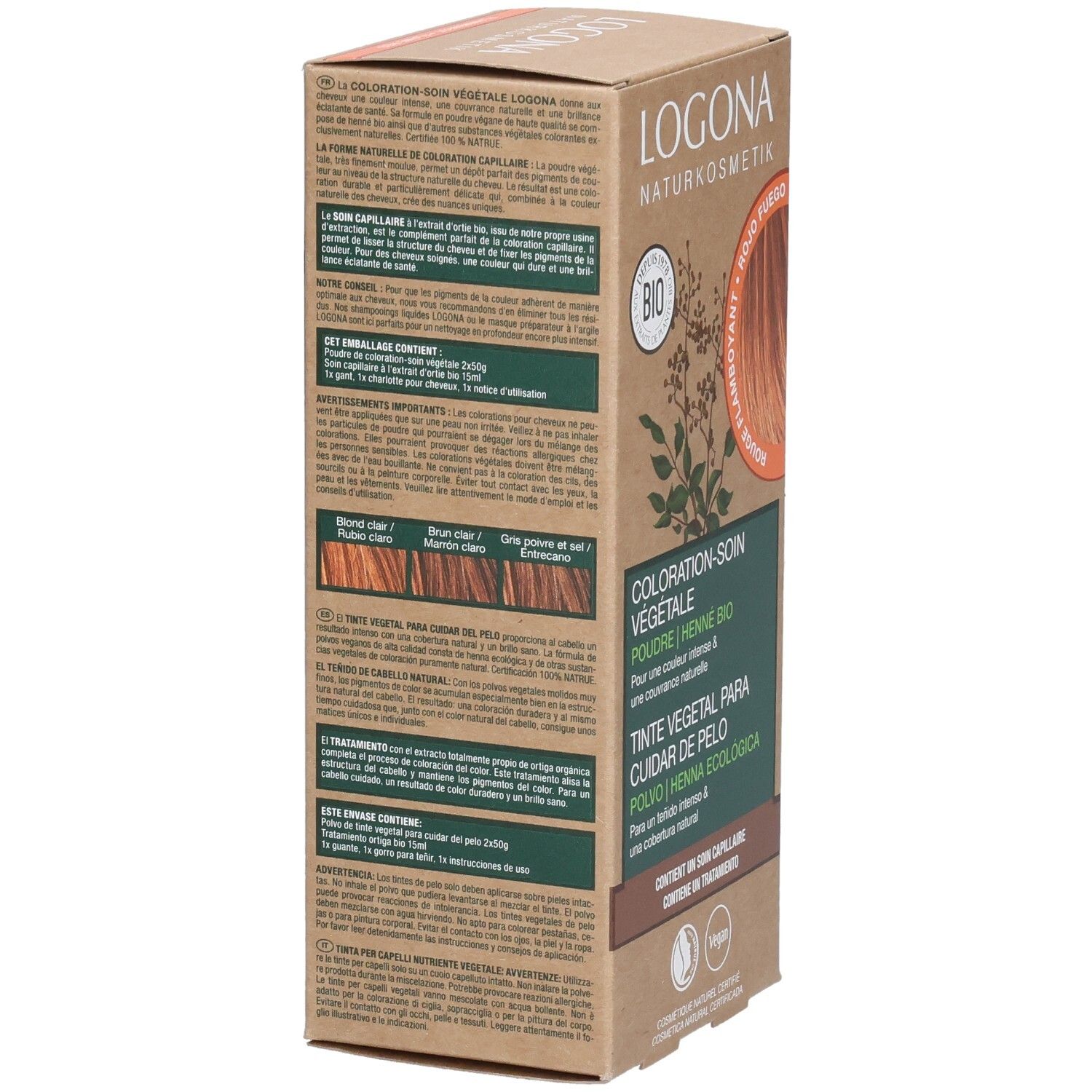 Logona Pflanzenhaarfarbe Box, Rückseite. Textabschnitte in Deutsch, Französisch, Italienisch, Spanisch. Farbabbildungen.