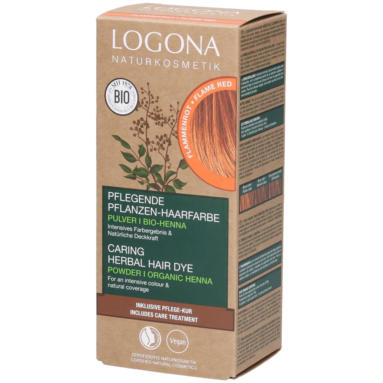 Logona Pflanzenhaarfarbe Box. "BIO"-Siegel. "Flammenrot" Text. "Pflegende Pflanzen-Haarfarbe" Text. Vegan-Siegel.