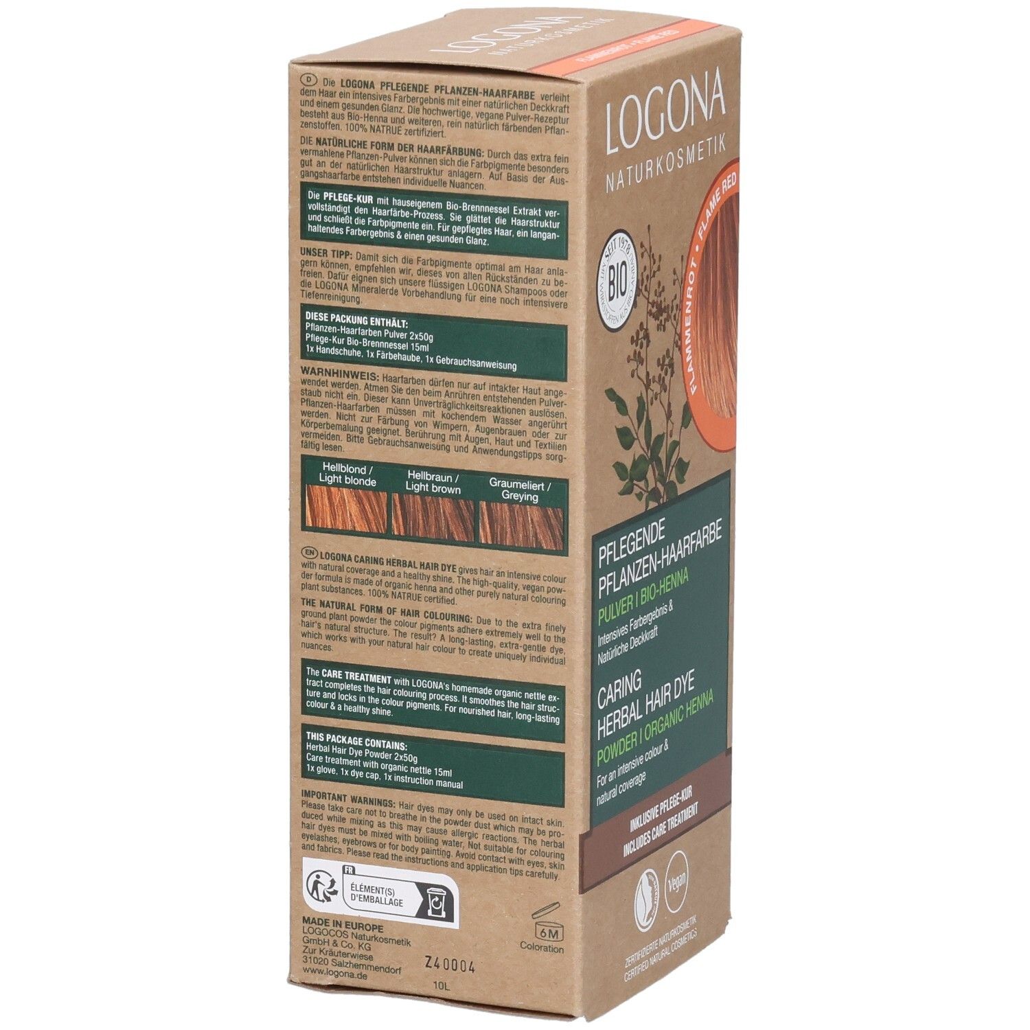 Logona Pflanzenhaarfarbe Box, Rückseite. Textabschnitte in Deutsch, Französisch, Italienisch, Spanisch. Farbabbildungen.
