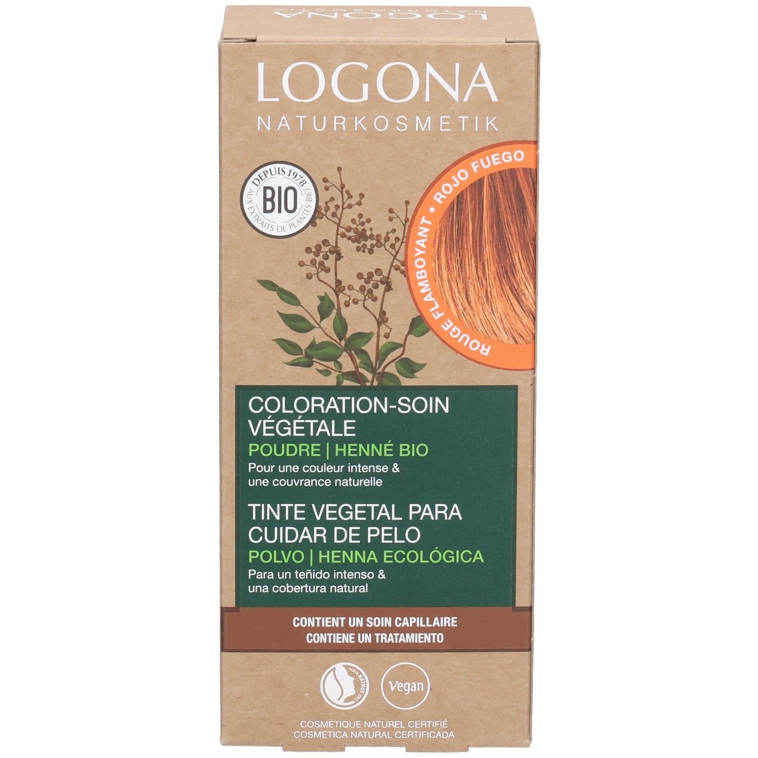 Logona Pflanzenhaarfarbe Box. "BIO"-Siegel. "Coloration-Soin Végétale" Text. "Flammenrot" Farbabbildung.