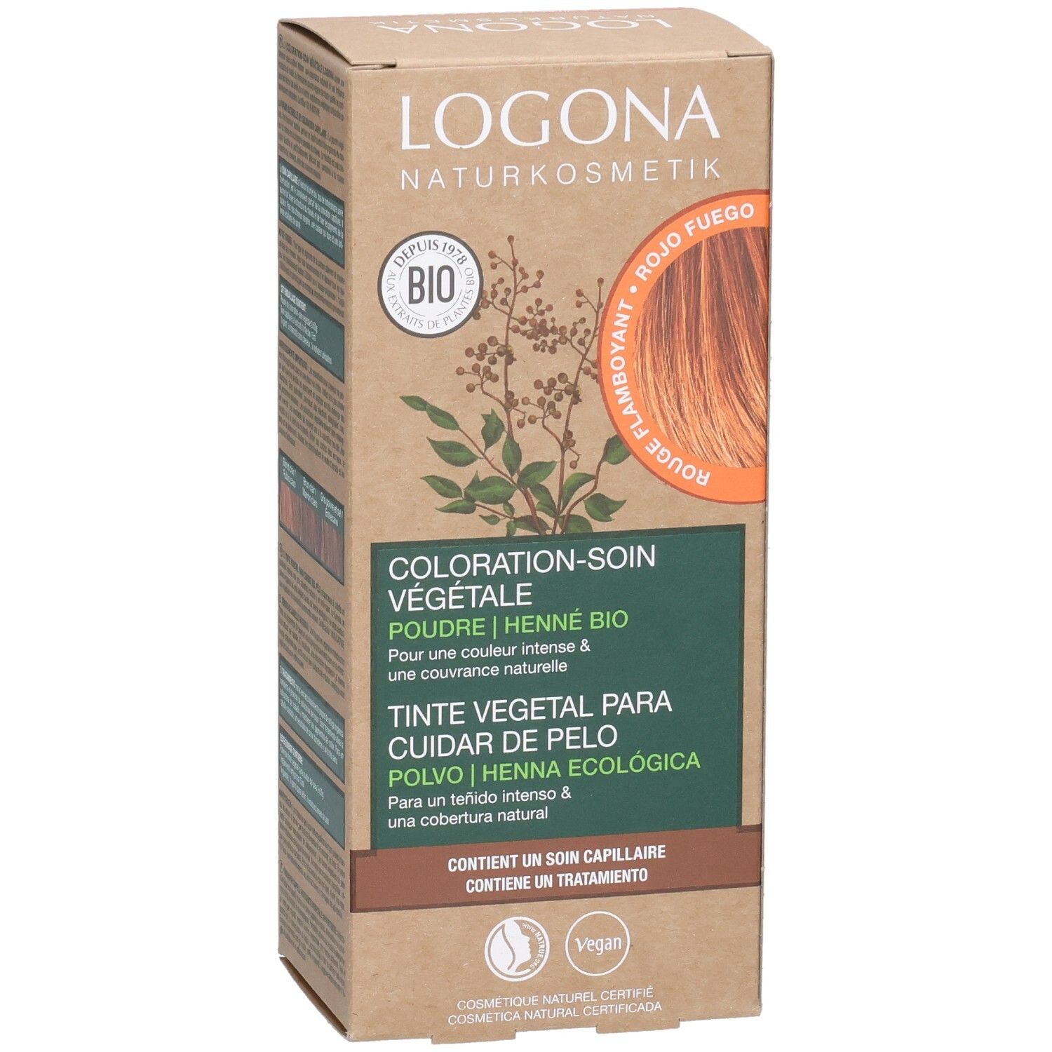 Logona Pflanzenhaarfarbe Box. "BIO"-Siegel. "Coloration-Soin Végétale" Text. "Flammenrot" Farbabbildung.