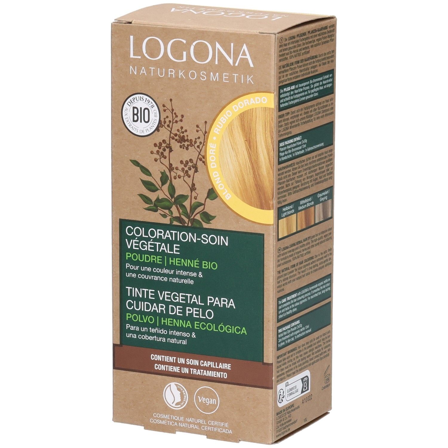 Logona Pflanzenhaarfarbe Pulver Goldblond Bio. Karton mit Produktabbildung und Text. Bio-Siegel und Vegan-Logo.