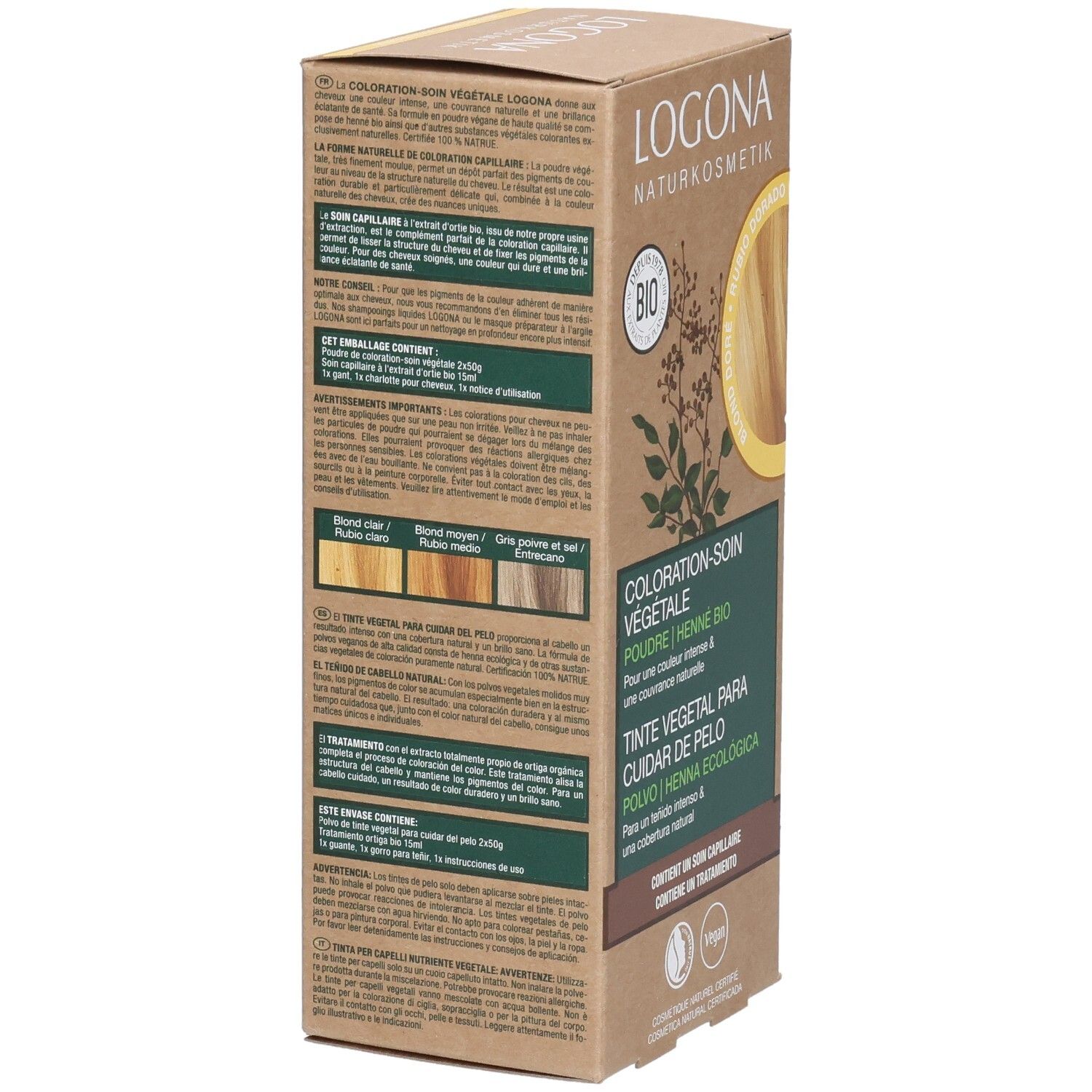 Rückseite der Logona Pflanzenhaarfarbe Pulver Goldblond Bio Verpackung. Text in mehreren Sprachen. Bio-Siegel.