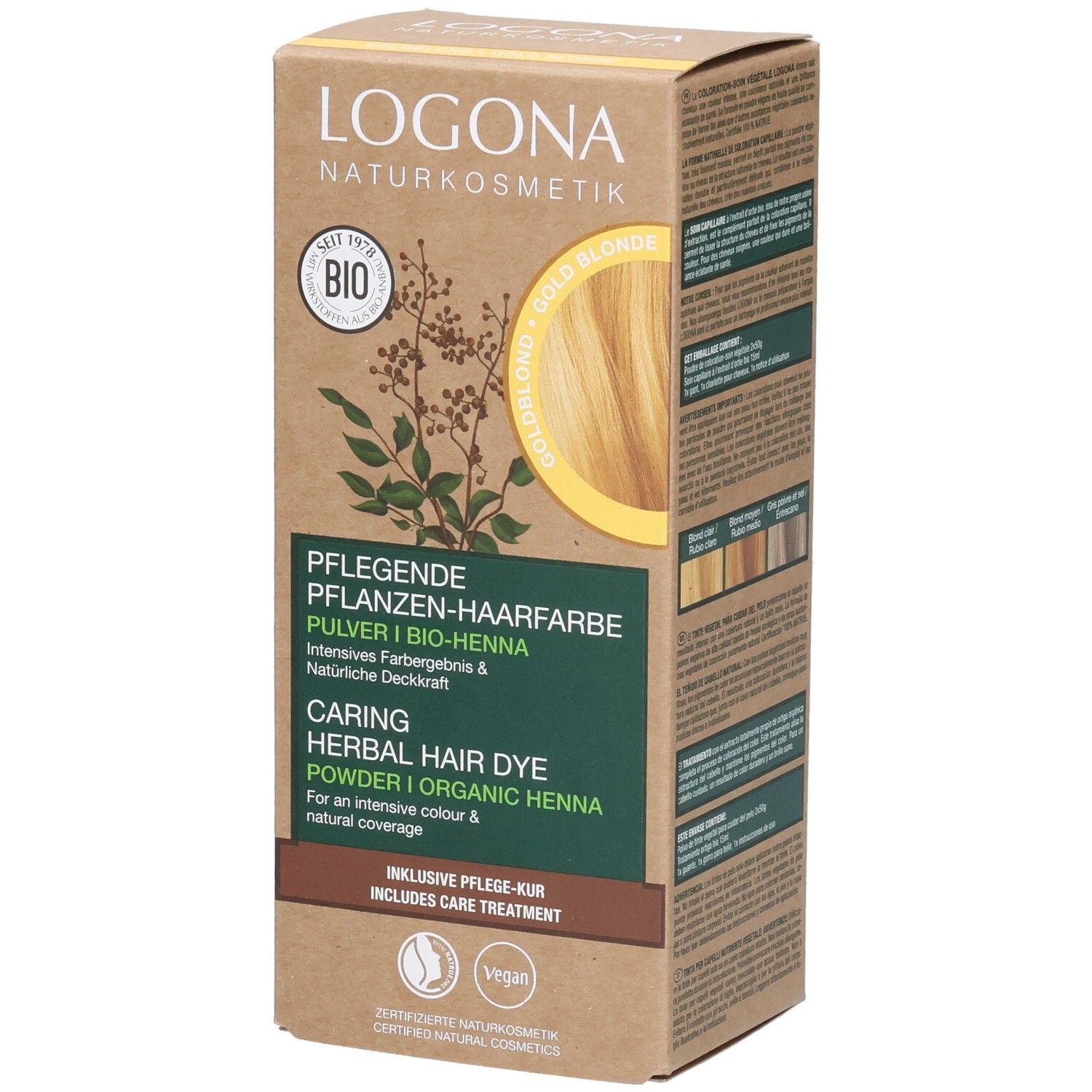 Logona Pflanzenhaarfarbe Pulver Goldblond Bio. Karton mit Produktabbildung und Text. Bio-Siegel und Vegan-Logo.